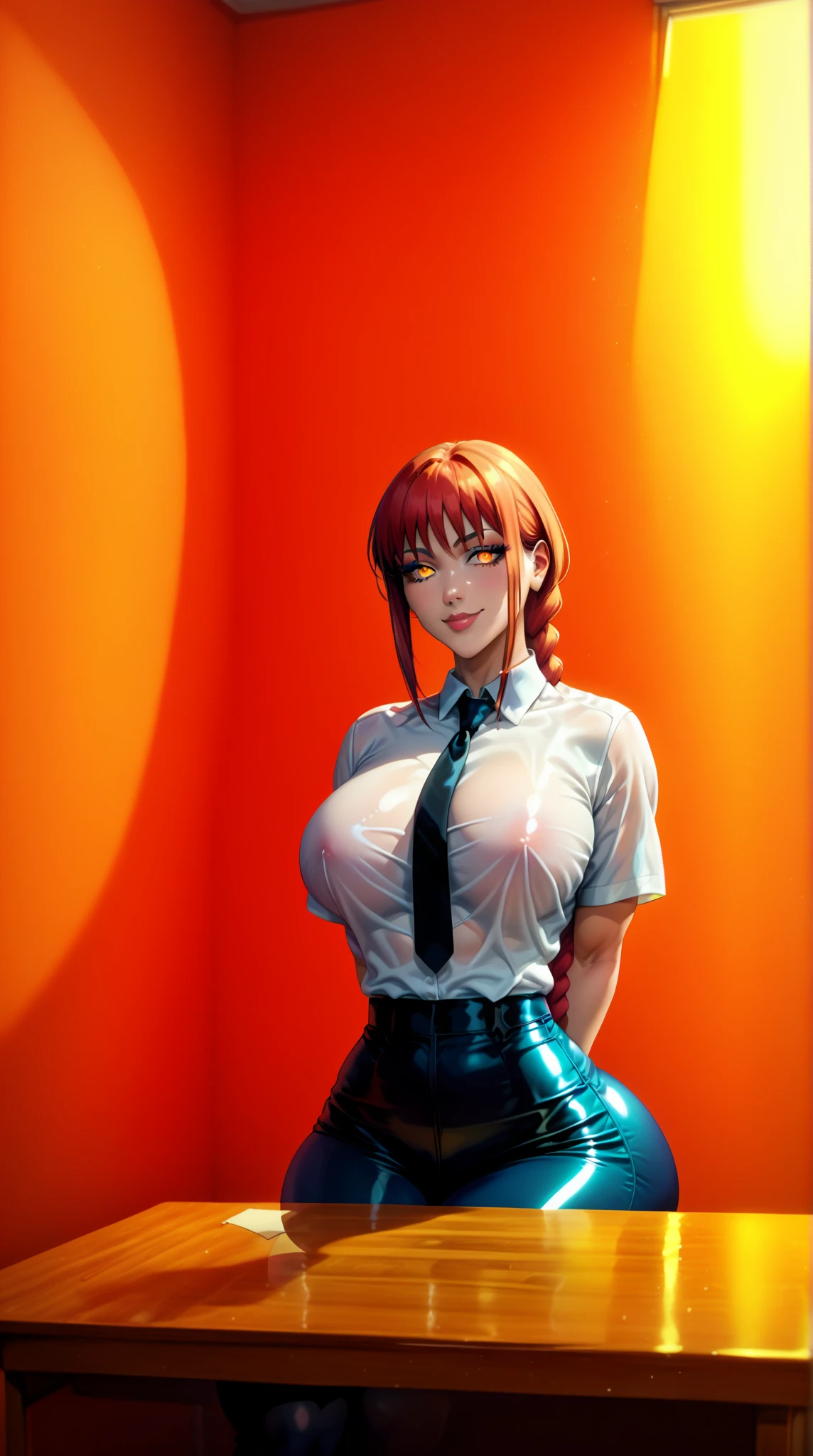 (best quality:1.5, highres, UHD, 4K, detailed lighting, shaders), Orange floral haired, gradient hair, large breasts, suit, gray shirt, social shirt, short skirt, mature woman , (pov), white background, colorful eyeshadow, dramatic lighting, sparkling eyes, sensual expression, golden earrings, flowing hair, delicate facial features, dark skin, high cheekbones, urban setting, white background, dont look for the camera, behind the camera