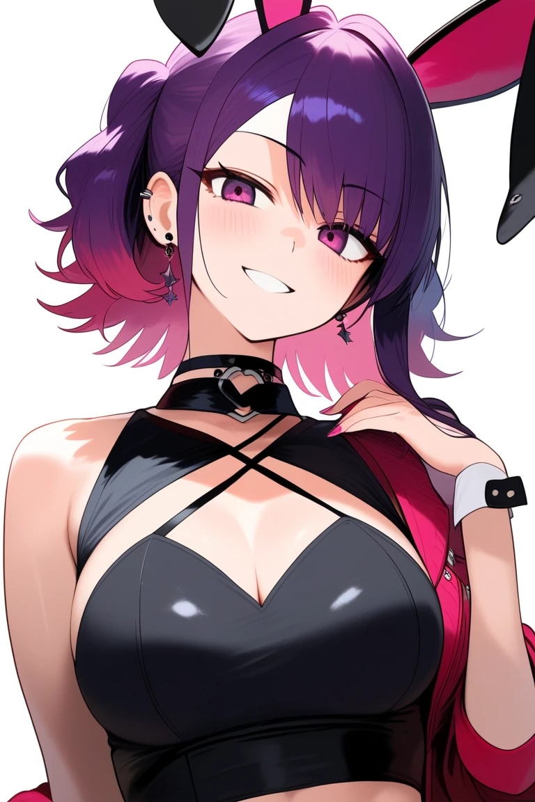 tanaka mamimi, <lora:tanaka mamimi:1>1girl, :p, bangs, black_choker, black_hair, black_nails, breasts, choker, cleavage, collarbone, ear_piercing, earrings, jacket, jewelry, looking_at_viewer, nail_polish, off_shoulder, piercing, pink_background, purple_background, purple_eyes, purple_hair, shirt, short_twintails, simple_background, sleeves_past_wrists, solo, tongue, tongue_out, twintails, upper_body