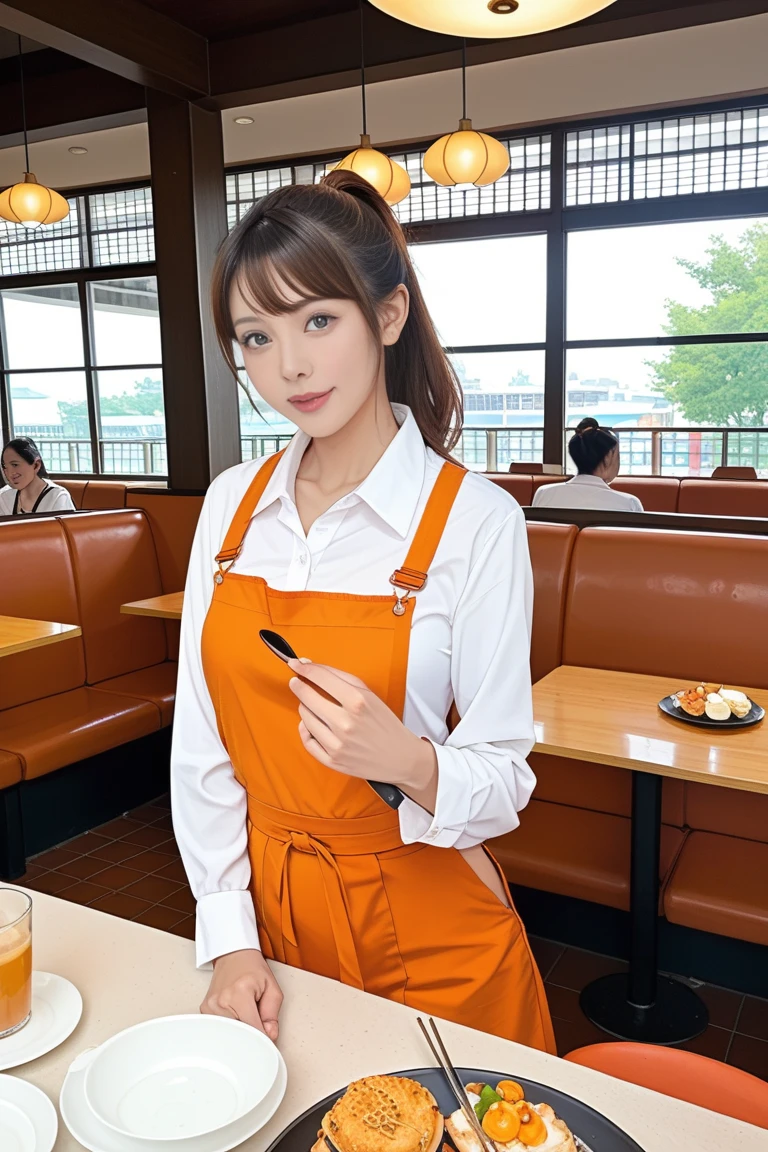 Realistic photos of (1 cute Korean star) hair over eyes, thin makeup, slightly smile, 32 inch breasts size,wearing orange vest, pants, sitting in the restaurant, f/16, 35mm, Canon, UHD