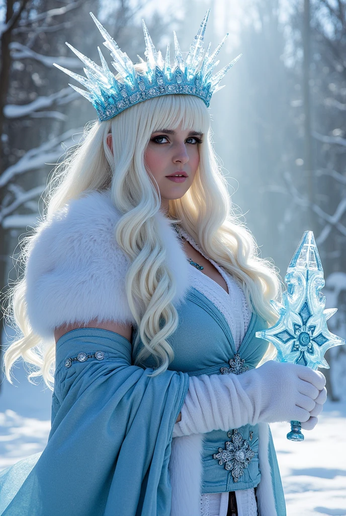 Ice Elf (cute woman, blue skin, deep blue eyes, pointy ears, waist length pale hair, sapphire sequin sparkling evening gown0 inspecting her ice sculpture flower garden in a snow landscape, twilight
