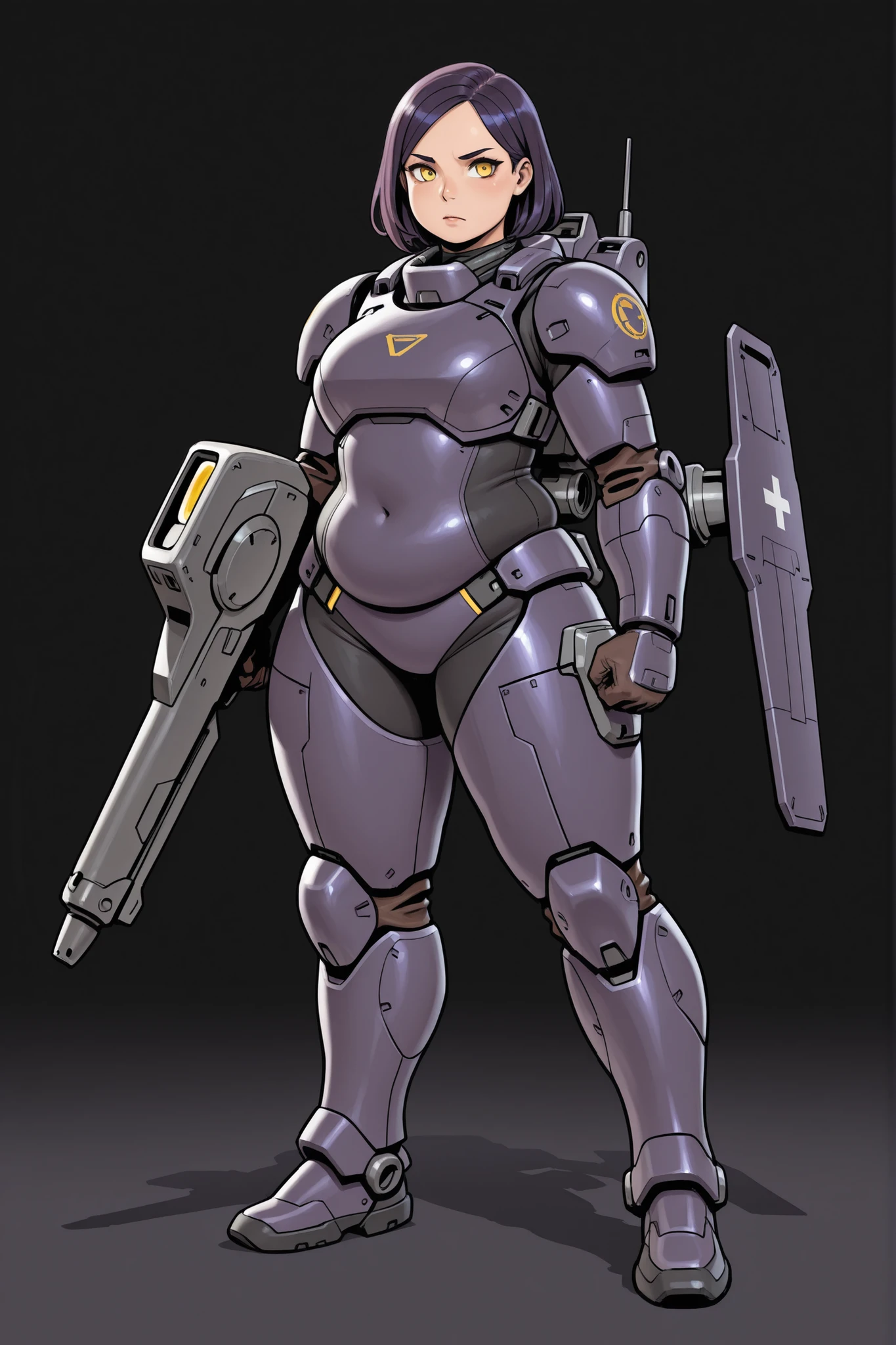 mech pilot girl, dark purple hair, yellow eyes, maintenance mech deck, chubby