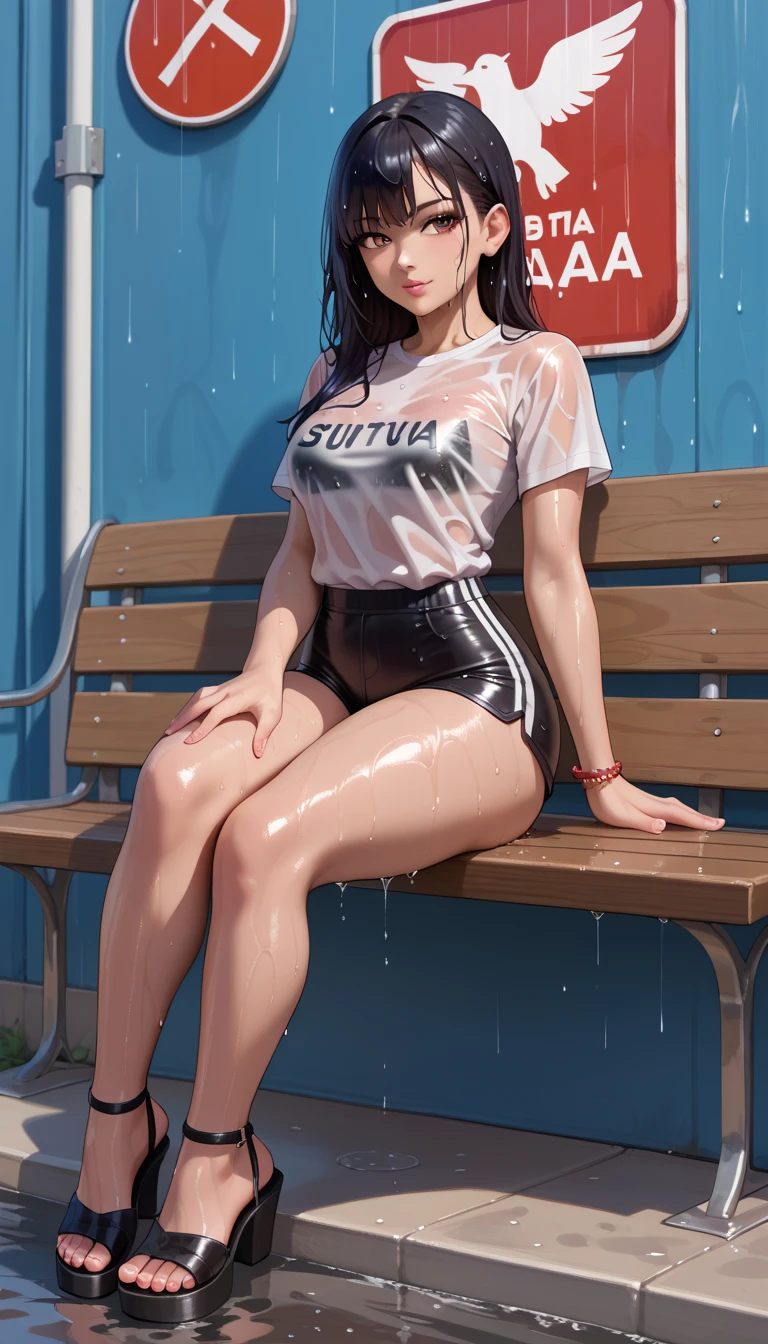 anime, best quality, high quality, highres, beautiful women, high detail, good lighting, lewd, hentai, (((cycling outfit))), ((sweaty)), bare thighs, (((wetting herself))), (((peeing herself))), (((peeing self))), pee streaming down legs, peeing stain, (puddle), (thick thighs), nice legs, lipstick, ((at a park))