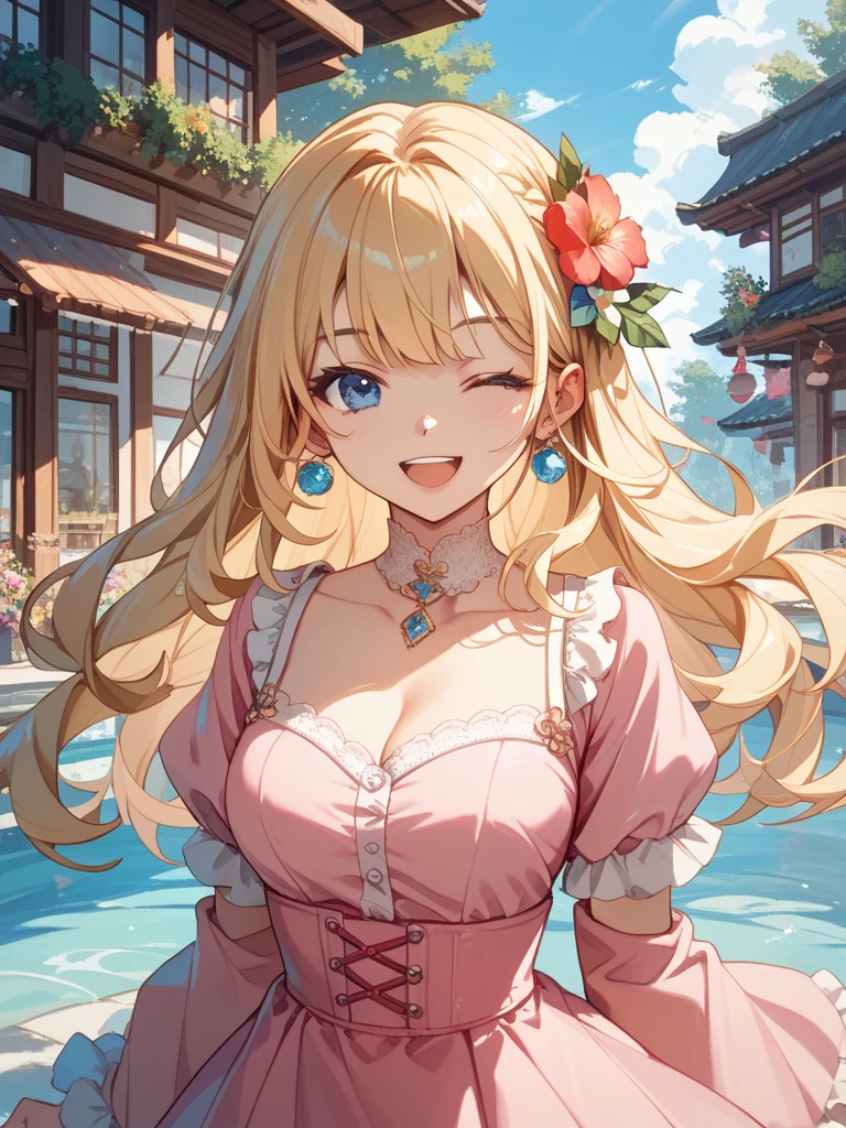 (Masterpiece, Best Quality), highres, Manga, (2d), (Traditional Media:1.2), official art, 1woman, (solo), dynamic, portrait, retro artstyle, a cartoon character on a colorful background in a fantasy village in the style of (hoppagames:1.0), (8k unity wallpaper), 2girls, dutch angle, looking at viewer, art by ro_g_(oowack), (sadakage), wide shot, (mature female), fire emblem: three houses, [outline], (upper body), Maize (Crayola) hair. Royal yellow eyes, (detailed deep eyes), (lips, nose, long face:1.2), aged up, elegant, curvy, medium breasts, messy hair, very long hair, half updo, (sidelocks), fringe trim, expressive, Ayami Kojima, serious, tsurime, light smile, cleavage, pose, (gradient, print kimono), oil paper shouji, bird, layered clothes, (high detail illustration:1.2), (lineart, space art:0.7), fantasy, (anime screen:1.2), film grain, halation, shiny, (cinematic lighting:1.1), (scenery:1.2), glowing lines, contrast, extremely detailed, intricate, (Details:1.2), floating particles, full body, <lora:sadakageStyle_v10:0.6>