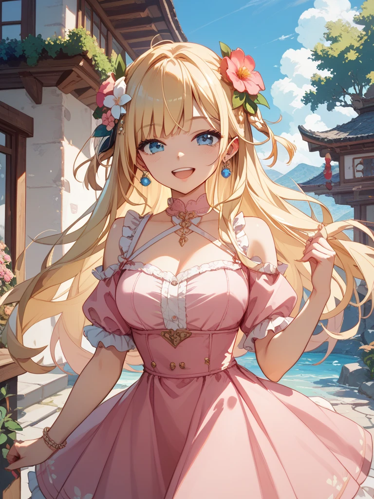 (leaning over:1.4), (masterpiece:1.2, best quality), (real picture, intricate details), 1girl, solo, absurdres, cowboy shot, standing, outdoors, :3, smile, bear girl, bear ears, ((light pink dress)), white thighhighs, platinum blonde hair, gray blue eyes, long hair, strawberry choker, smile, open mouth, one fang, large breasts, cleavage, sleeveless dress, arms behind back,