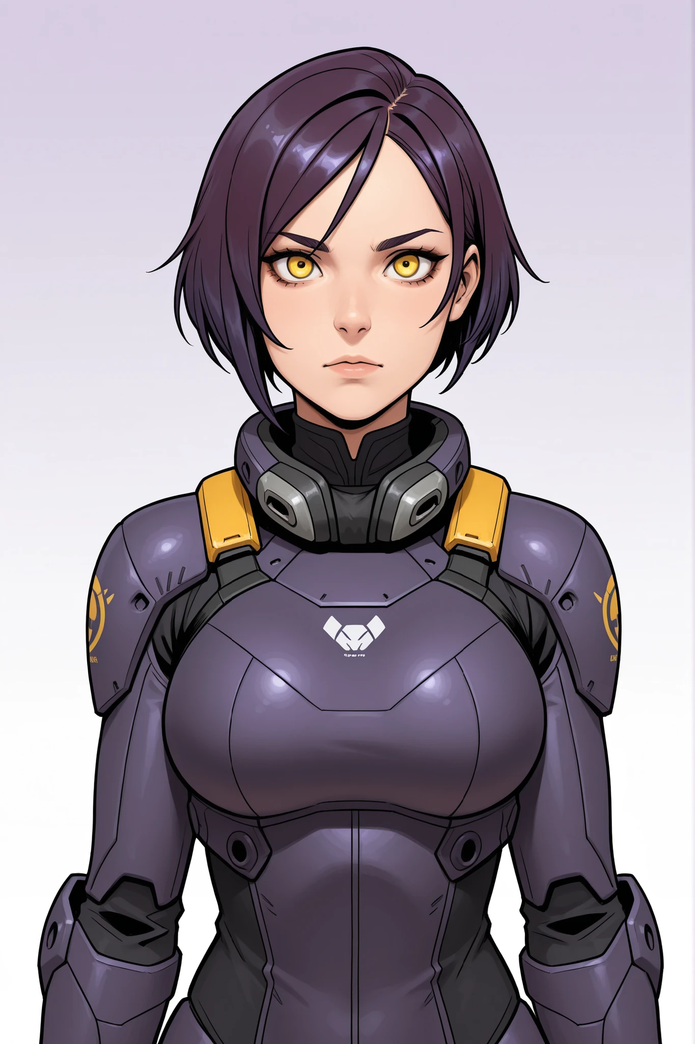mech pilot girl, dark purple hair, yellow eyes. 