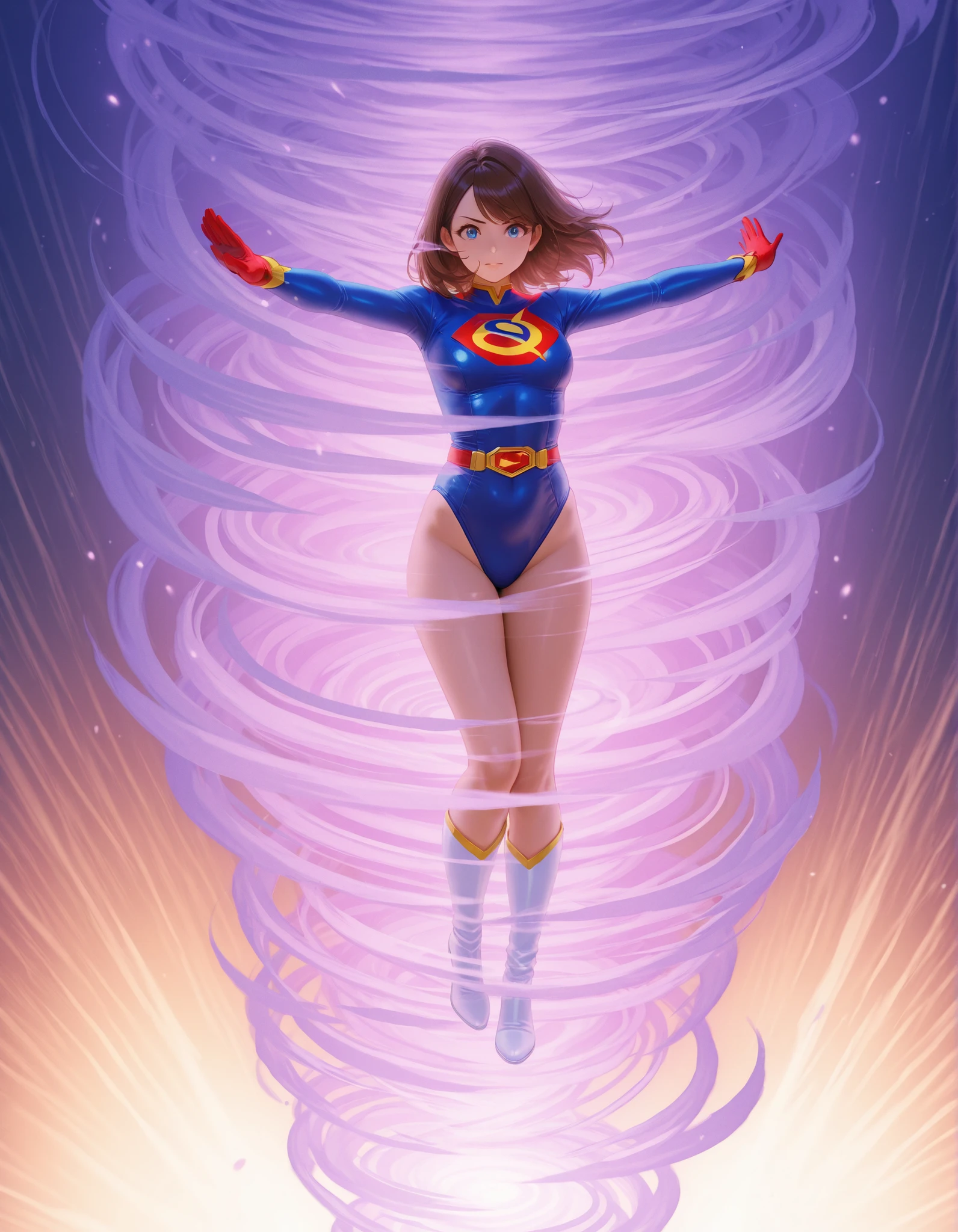 1girl, solo, solo focus, a female superhero spins in place like a tornado, medium breasts, leotard, red and blue leotard, bare legs, boots, matching boots, gloves, matching gloves, brown hair, full body, time travel