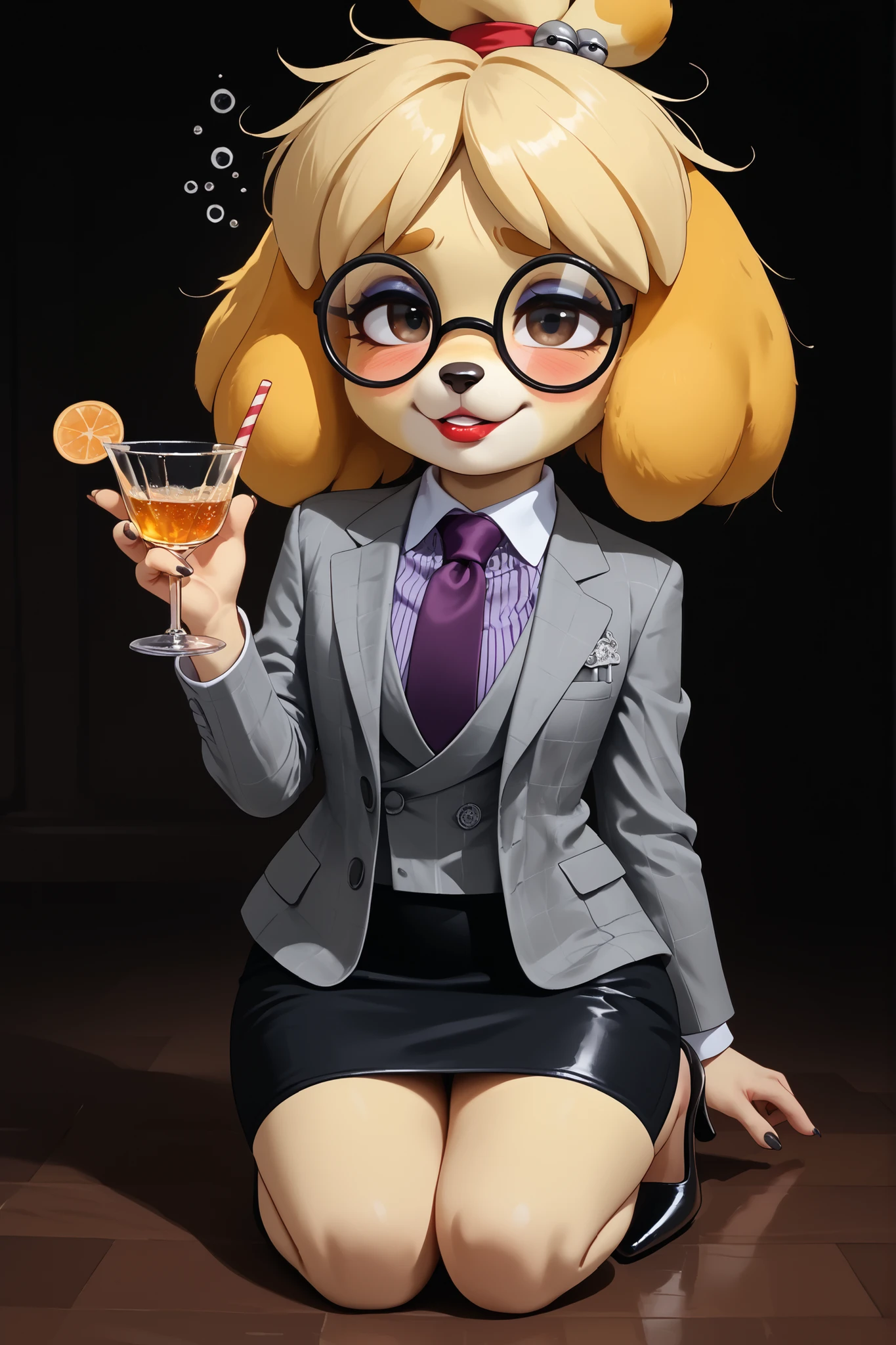score_9, score_8_up, score_7_up, score_6_up, source_anime, three-piece suit, 1girl, thin-frame round glasses, formal, jewelry, suit, purple necktie, earrings, jacket, (((grey waistcoat))), shirt, (((grey jacket))), striped shirt with white collar, (black leather skirt), makeup, Score_9, score_8_up, score_7_up, high heels, white collar and cuffs
isabelle \(animal crossing\) , cute, source_furry, nightclub, (((drunk))), holding cocktail glass, shortstack, big head, tail, dynamic pose, lipstick, louboutin heels, stilettos, (((stumbling))), inebriated, (messy hair), (((skewed glasses))), off balance, swaying, drunk bubbles, flushed face, yellow fur, suggestive, flirting, dog collar, holding dog leash, on all fours