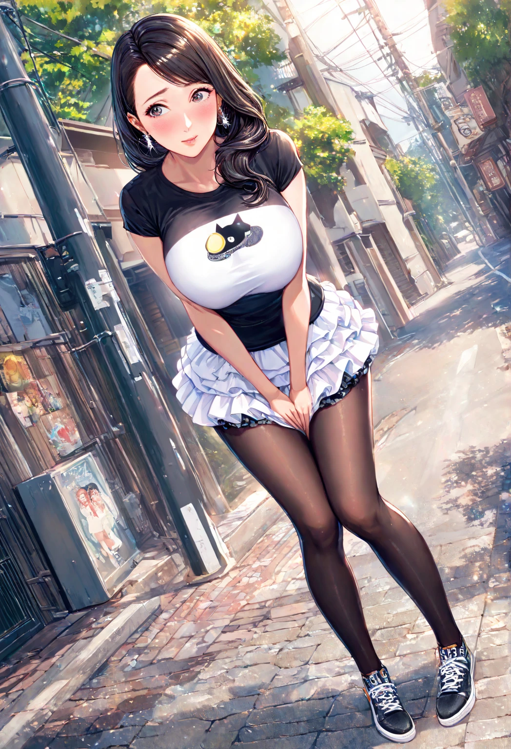 (solo cute girl standing) ,very long legs, very short torso, black thighhighs, (open legs), tiptoe, pigeon toed, high-waist skirt, frilled white off-shoulder shirts with shoulder straps, huge breasts, perky breast, cleavage, thin waist, (nose blush, smile for viewer:1.2), open mouth, BREAK, (masterpiece, best quality, ultra-detailed:1.3)
