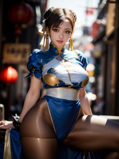 (8k, Foto RAW, melhor qualidade, obra-prima: 1.2), (realista, Foto realista: 1.4), (Fotorealismo: 1.4), (extremamente detalhado CG unidade 8k papel de parede), (1 menina: 1.5), 1 girl, ultra high-resolution, high-resolution, Chun-Li, ( Chun-Li do Street Fighter), beleza oriental, linda garota, leve sorriso, olhando para o espectador, (pele altamente detalhada: 1.2), (roupas azul: 1.4), Chinese blue qipao open on the sides, Extremely sexy blue chinese qipao with dragon prints in gold, (Black fishnet pantyhose), pele parda com leve brilho, corar, olhos grandes, corpo inteiro, coxas muito grossas e musculosas bem definidas, pernas grossas e torneadas definidas, well-defined muscles, barriga musculosa, cintura fina, tabby abdomen, quadris largos, umbigo aberto, cabelos negros, (Chinese combed bun), seios grandes, decote nos seios, corpo voluptuoso, Pose sexy, Legs on display, fitas voadoras, particulas, background is ancient chinese city, em uma rua iluminada com lanternas chinesas, Vila chinesa antiga, noite, starry dark sky, estrelas cadentes, lua cheia.