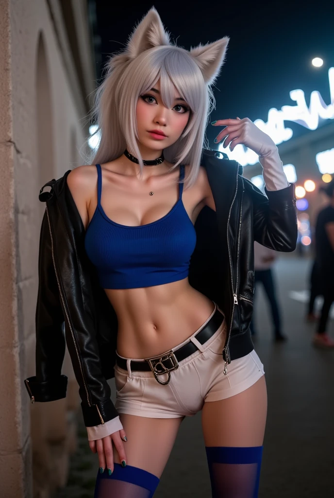 Masterpiece, 8K, photorealistic, ultra realistic, (1girl, solo),
_ the most beautiful, Gravure idol, 24 years old, 170 cm, (((medium large breasts, cleavage, breasts))), ((slender waist, round hips, toned thighs, toned arms):1.2), small face, diamond Face, ((small nose, small mouth)), Sharp Faceline, BREAK ((big eyes, Double eyelid, tareme, droopy eyes):1.3), ((smile, small lips, teeth:1.3)), (mole under eye:1.2), (glistening White teeth), ((gray hair)), short hair, ponytail, Blue eyes, light makeup, thin eyebrow, shiny skin, detailed skin, detailed face, perfect eyes, shiny hair,
_
(black theme and White:1.2), Inorganic concrete studio with window, Inorganic concrete, small window, gray concrete block, highly, blur, blur background, front lightning, Cinematic lighting,
_
BREAK ((lower body)), standing, from side, foot showing, foot Focus,
BREAK (black theme:1.2), oversize knit sweater, fish net Stockings (silver earring, silver bracelet, silver necklace:1.2),
_ raw photo, (nsfw),