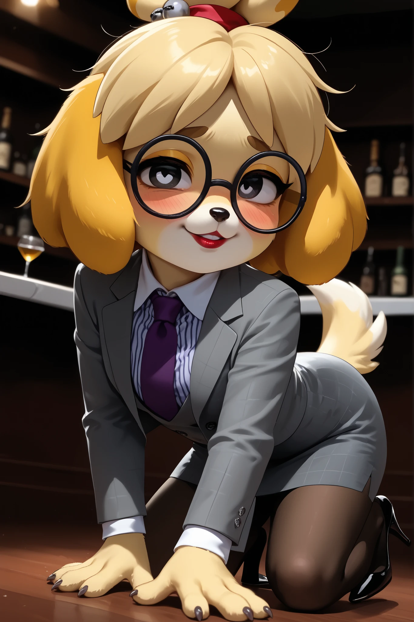 score_9, score_8_up, score_7_up, score_6_up, source_anime, three-piece suit, 1girl, thin-frame round glasses, formal, jewelry, suit, purple necktie, earrings, jacket, (((grey waistcoat))), shirt, (((grey jacket))), striped shirt with white collar, (black leather skirt), makeup, Score_9, score_8_up, score_7_up, high heels, white collar and cuffs
isabelle \(animal crossing\) , cute, source_furry, nightclub, (((drunk))), shortstack, big head, tail, dynamic pose, lipstick, louboutin heels, stilettos, (((stumbling))), inebriated, (messy hair), (((skewed glasses))), off balance, swaying, drunk bubbles, flushed face, yellow fur, suggestive, flirting, dog collar, holding dog leash, on all fours