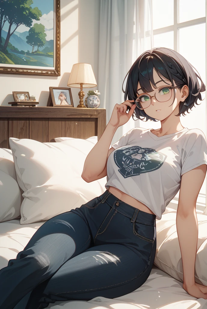 girl,short hair,glasses, laying in bed,looking through phone, night