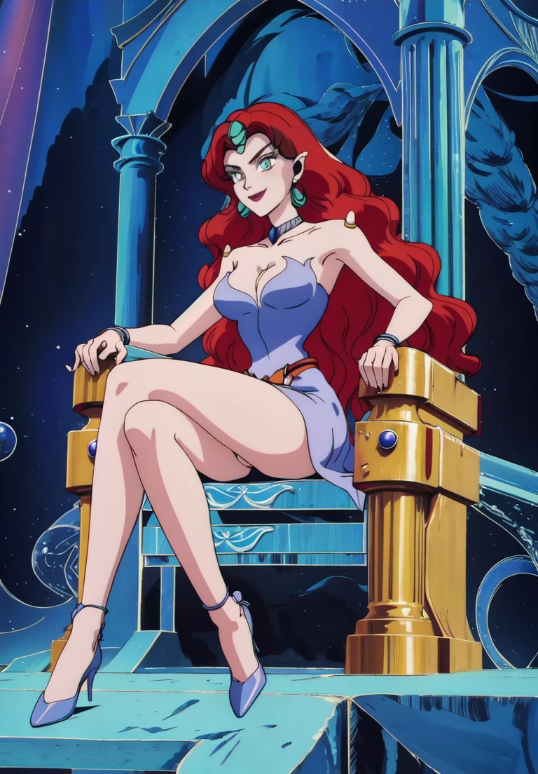 QueenBeryl, evil smile, (magical, magnificent, masterpiece:1.3), full body view, crown, big breasts, white pale skin, long curvy hair, front view, sitting, on thrones, sexy, spread legs, pussy, shy, 