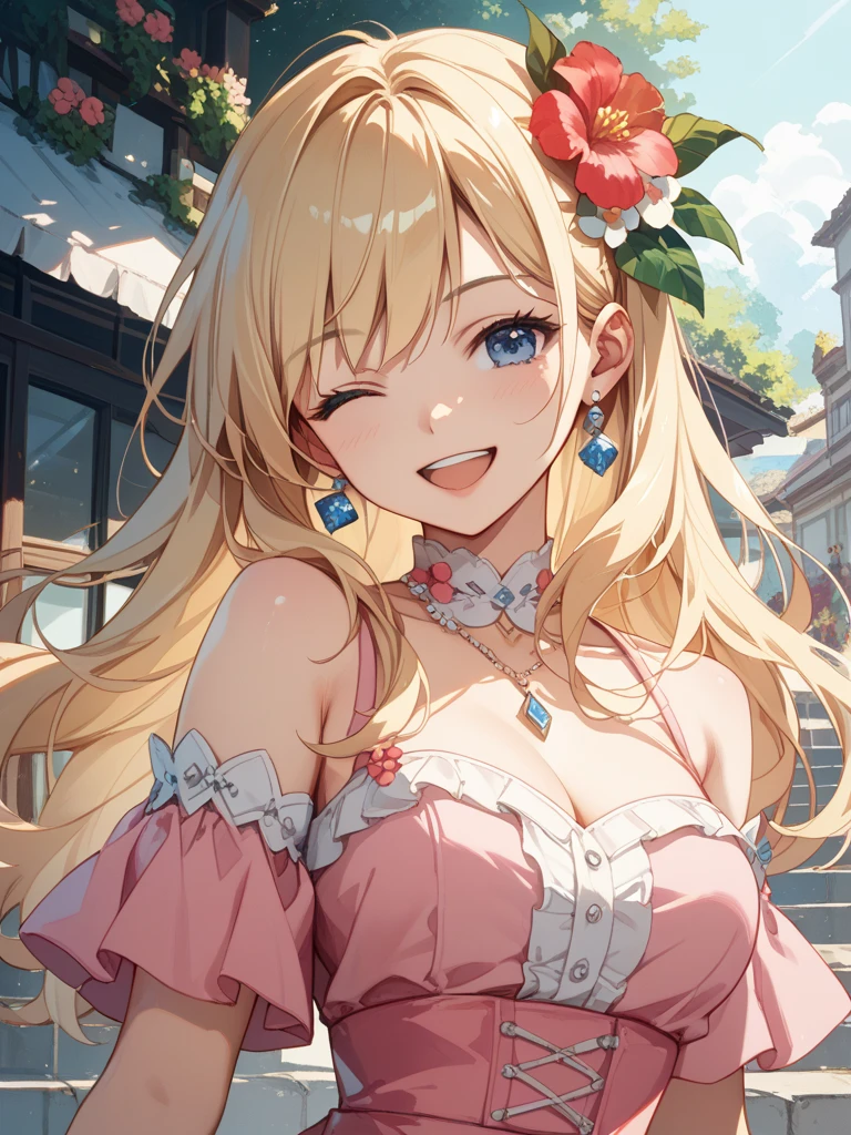 Young girl, teen girl +14, half-up hair, blonde hair, long low hair, anime eyes, fringe spiky, small breasts, bodice , overskirt