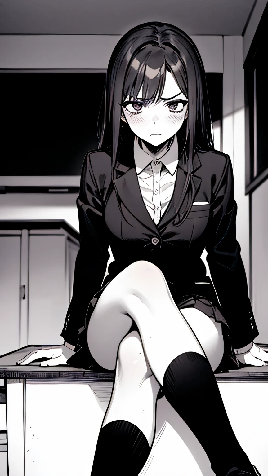 Woman with long black hair, Wear business attire such as a suit, Pencil Skirt, pantyhose, 、,, (((monochrome))),, monochromeの設定の中に立つ. The artwork is manga inspired.、Adopting the doujin style. The woman (Be incontinent:1.5), She feels embarrassed and humiliated, Her face turned red.. In addition, There is an air of anger in her expression. The lighting in this scene is atmospheric., Spotlight illuminates the woman's figure. 彼女はArms crossedいる, (Arms crossed:1.5), With the skirt fully open., Medium chest