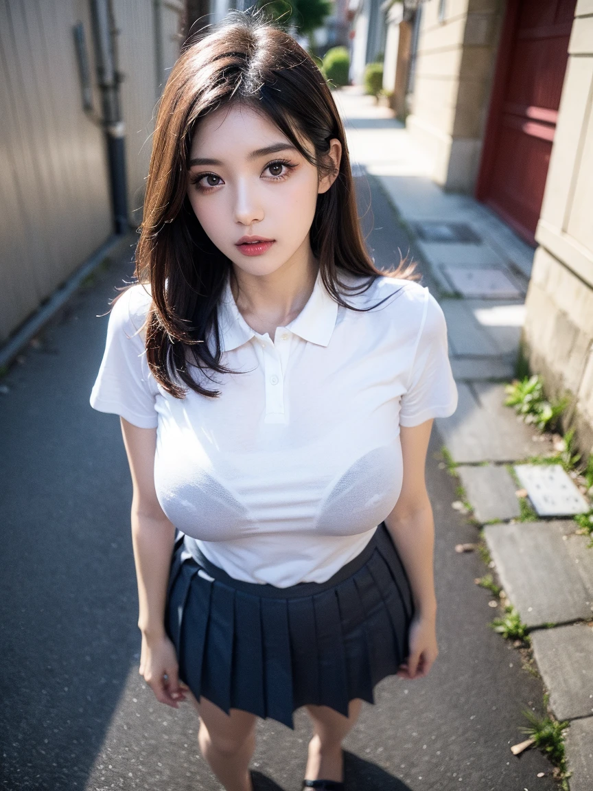 (Sexy pose),

(Highest quality, 8k, 32k, masterpiece, Ultra-high resolution:1.2), Cute Japanese Girl, (Huge breasts:1.4), Long black hair, bangs, (My whole body is wet:1.2),(Sweat is dripping:1.1),Idol,Natural Makeup,

(high school girl),(Wet transparent school uniform:1.3),(Your clothes are wet:1.4),(The clothes are transparent:1.4),(Clothes stick to the skin:1.4),Tight waist, (Outdoor, Main Street, blue sky,),Upper body close-up、Strong sunlight、