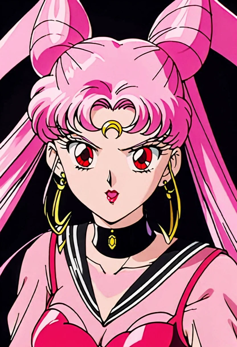 Wicked Lady from Sailor Moon, pink hair, red eyes, black background, half moon mark on forehead,