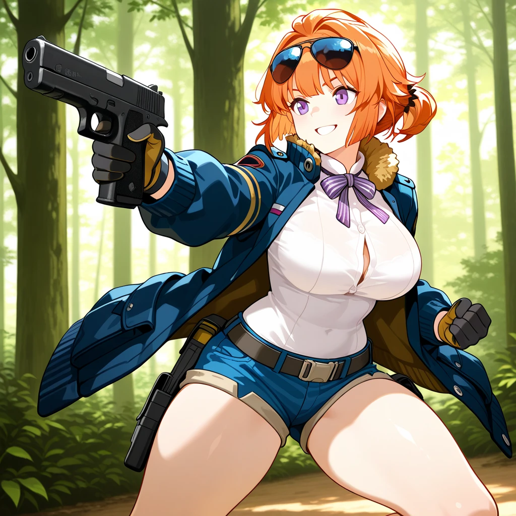 source_anime, rating_explicit, score_9, score_8_up, score_7_up, goth, gothic, blonde hair, short_hair, looking at viewer, hellsing, goth girl, ikuchan, smirk, green eyes, smirk, standing, portrait, masterpiece, face focus, tomboy, huge thighs, tiny waist, wide hips, huge breasts, cow pattern, cow pattern underwear, yellow cropped jacket, open jacket, casual, red eyes, cow pattern bra, sexy, seductive, twintails, outdoors, night, nighttime, moonlight, navel
