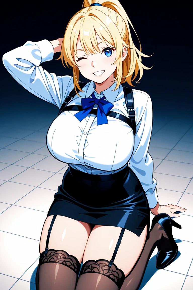 best quality, amazing quality, very aesthetic, 1girl, saber, fate/stay night, 1girl, saber, fate/stay night, , (artist official art:1.5), ahoge_hair, green eyes, steaming body, trembling, large breasts, G_Cup, jitome, cinematic light, offical_outfit, from_the_front, stand, on bedroom, dark_room, happy, smile, blush, night, looking_at_viewer, oily_skin