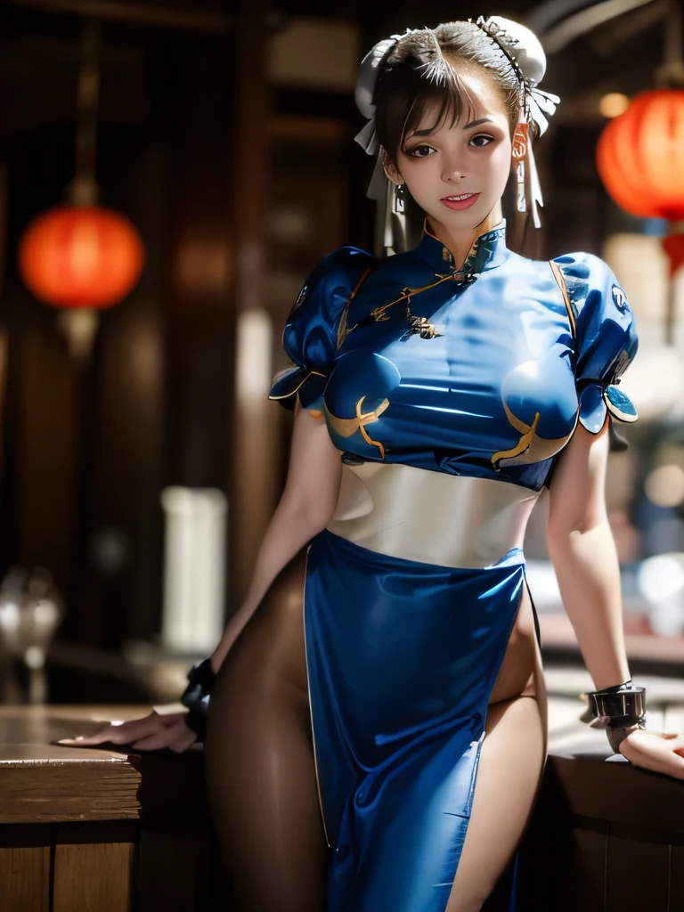 "(Exquisitely drawn CG Unity 8k wallpaper, Masterpiece quality with stunning realism), (Best lighting, Best Shadow), (highest quality), (Elegant and devilish style:1.2), Artistic modern anime. Diagonal view, A close-up full-body portrait of a stunningly beautiful mature Chun-Li from Street Fighter。 ((Dark brown hair:1)), ((White lace-up boots:.5)), Dynamic pose, (Blue Chinese Dress:1.5), Amazing body, in china at night with neon lights, Shy and shy、Frivolous、Sexy、Cute expression, The body is slim, Very decorative and detailed, Brown see-through pantyhose, Depth of field blur effect, night, Full Zoom, Action Portrait, Realistic. Cinema Lighting, Very detailed. highest quality, 4K, Better Hands, Perfect Anatomy, Shortening effect, Shy and shyセクシーな表情, Makes legs look shorter, (Sharp Eye:0.8), Surrounded by an ominous and dark atmosphere, Dramatic and striking lighting accents, Surreal fantasy feel". (Wearing white laced military boots:1), (night:1), (Side view:.5), (Lifted my butt:1), (metal spike bracelet:1), (Leaning forward:1), (White ribbon flowing from hair bun:1.5) (Front view:1)