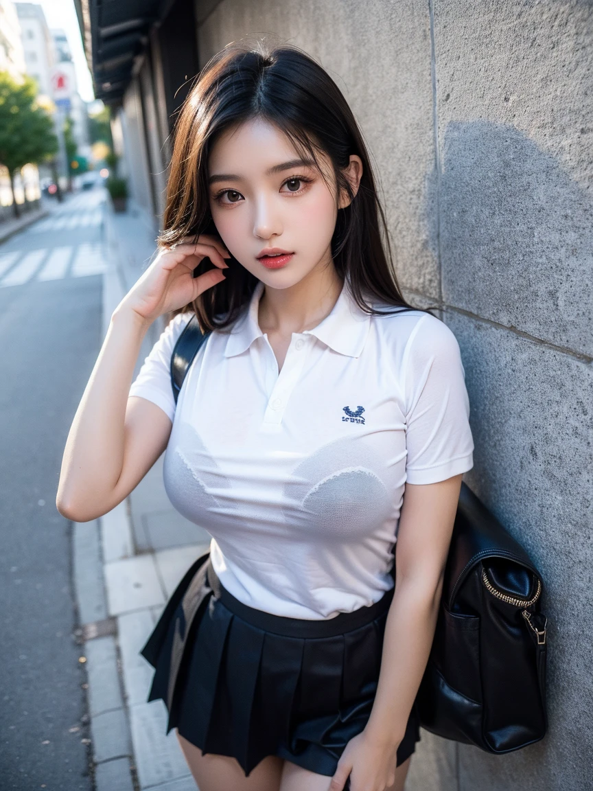 Beauty Indonesian woman in student uniform, beauty big breast, show pubic hairs, vivid colors, bokeh