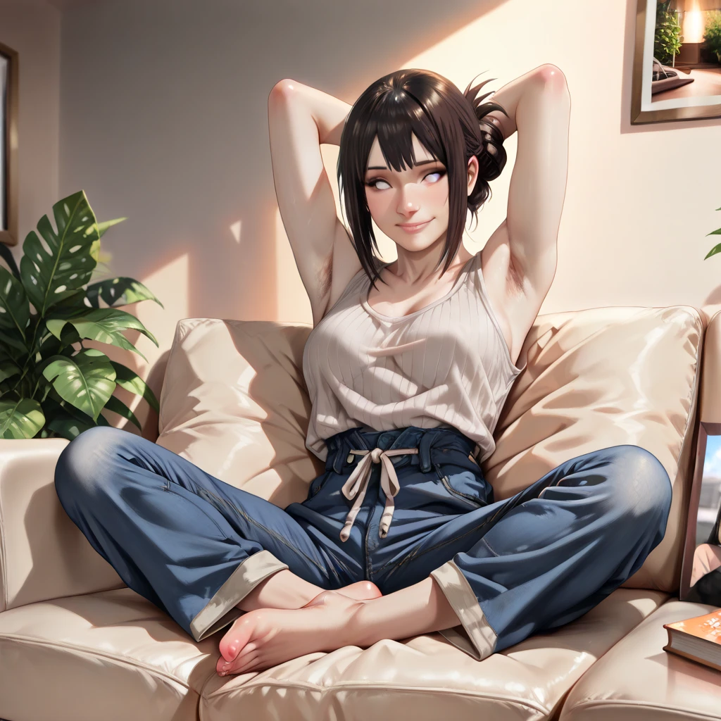 top-quality、tmasterpiece、超A high resolution、Anime figure，2.5D、RAW photo、35㎜ film、1womanl、A Japanese lady、35yo，weeping，room with window ，ig studios anime style, nightcore, style of anime4 K, High quality anime art style, ，On the sofa，Old house、Chaotic background、Messy room、Background blur、large lips、