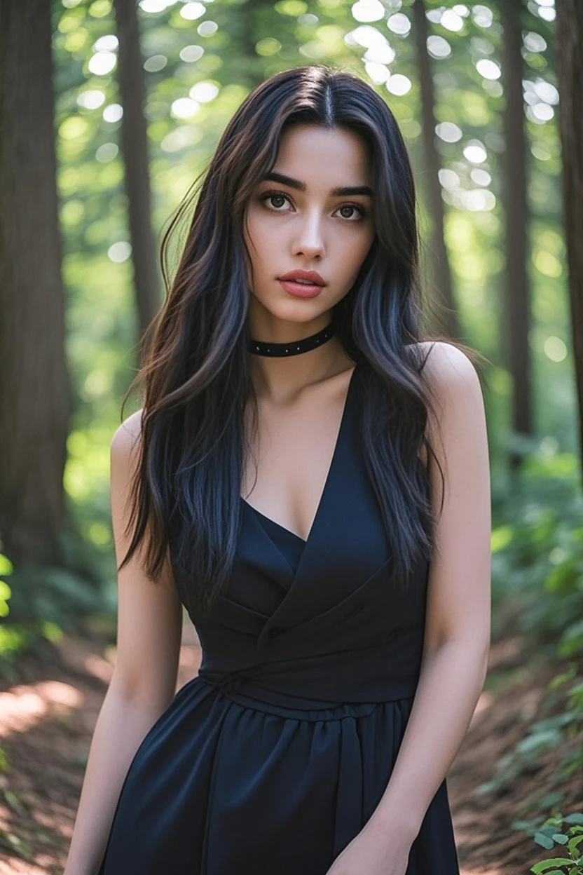 woman 30year, hair black, brown eyes, black dress, meadow