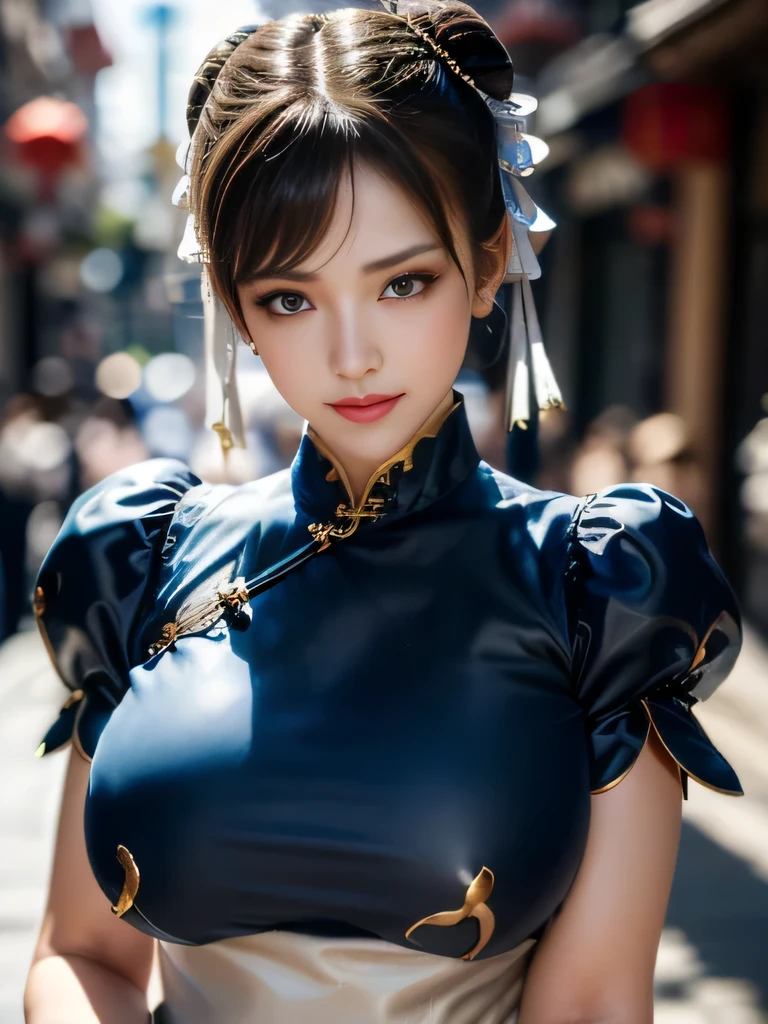 Chun-Li from Street Fight II,The perfect Chun-Li costume,Blue Chinese dress with gold lines,Bunhead,Good cover,Fighting Pose,masterpiece、1 beautiful girl、Fine Eyes、Puffy eyes、highest quality, 超High resolution, (reality: 1.4), Cinema Lighting、Japanese、Asian Beauty、Korean、so beautiful、Beautiful Skin、Body facing forward、Face close-up、(超reality的な)、(High resolution)、(8k)、(Very detailed)、(美しくFine Eyes)、(Very detailed)、 (wall-)、Detailed face、Bright lighting、Professional Lighting、Looking at the audience、Look straight ahead、Diagonal bangs、Nogizaka Idol、Korean Idol、masterpiece, highest quality, masterpiece, highest quality, Perfect Face, Perfect brown eyes with white sclera, Bad move -5, alone, 1 girl, Upper Body, Brown Hair, From SF2, Chinese Language Services, smile, Muscular woman, Blue clothes, pantyhose, Pelvic Curtain, Puff short sleeves, Good cover, sash, evaluation:safety