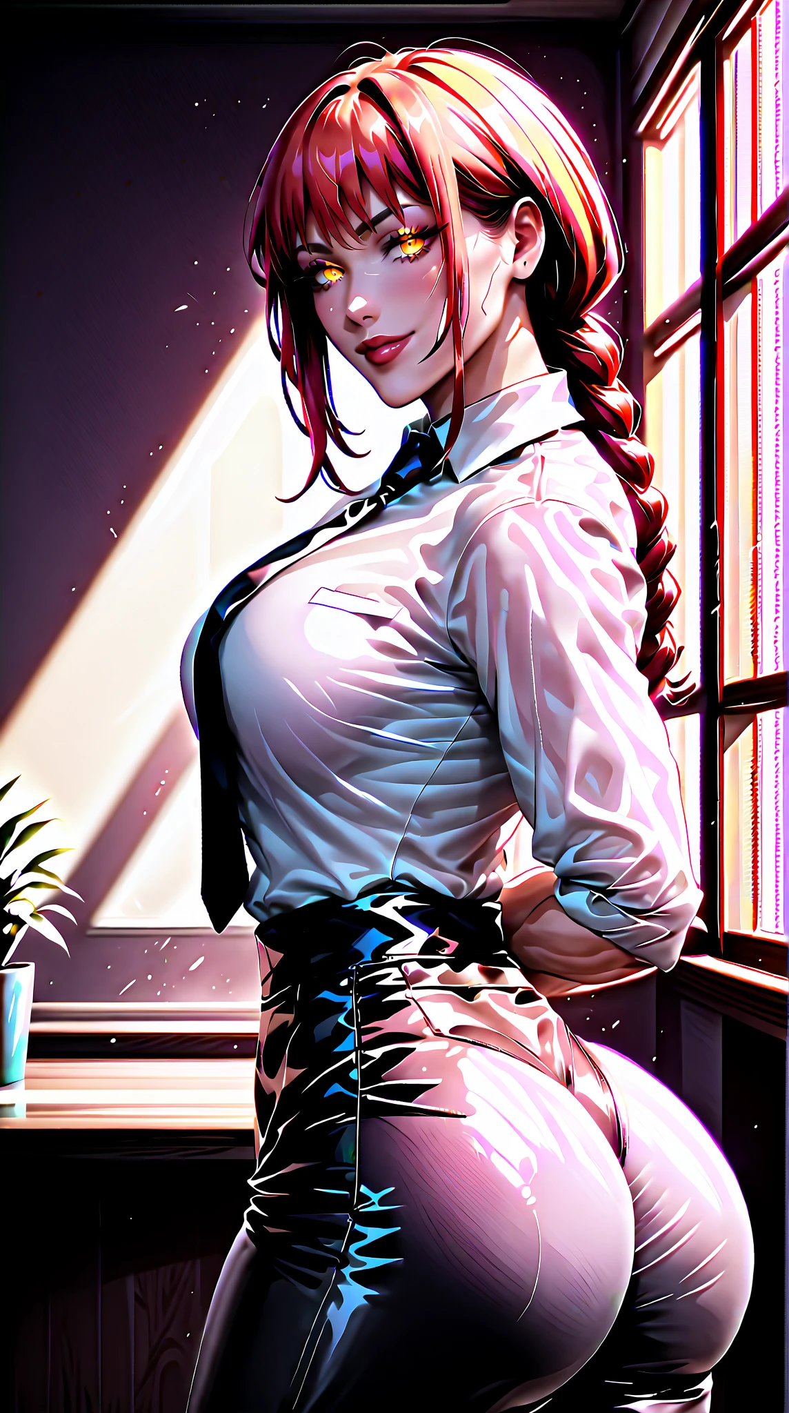 (best quality:1.5, highres, UHD, 4K, detailed lighting, shaders), white and red haired, gradient hair, large breasts, suit, gray shirt, social shirt, short skirt, mature woman , (pov), white background, colorful eyeshadow, dramatic lighting, sparkling eyes, sensual expression, golden earrings, flowing hair, delicate facial features, dark skin, high cheekbones, raining, urban setting, white background, dont look for the camera, lean forward, wet  by the rain.
