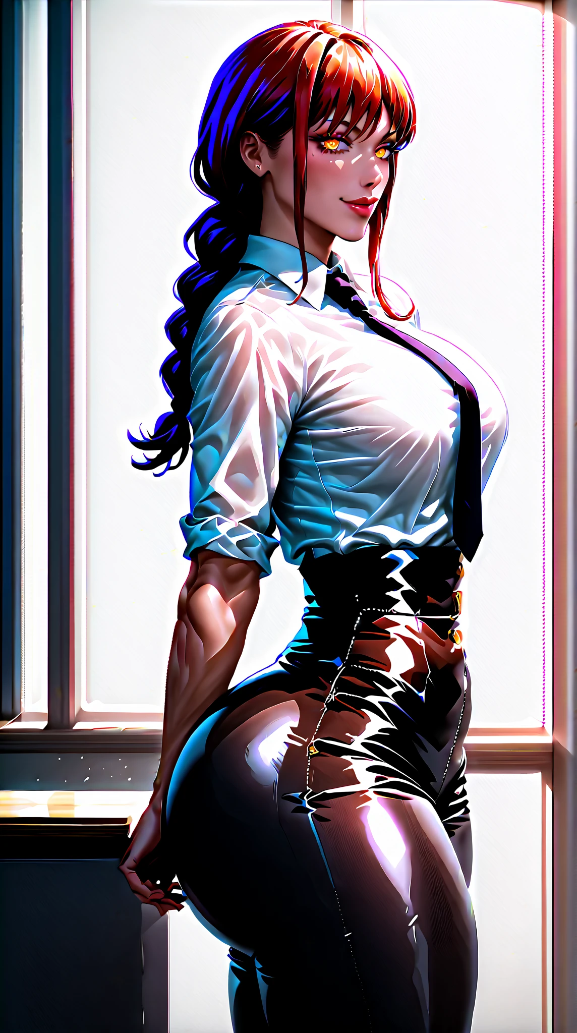 Masterpiece, Best Quality, (perfect anatomy,realist:1.3,from behind, facial focus,(without looking at the viewer:1.2),  (1 girl in:1), 1 woman, (big breasts:1.2), sexy body, thin waist, Attractive front curves, round and soft chest, disgusted face,  (black fur:1.6, Waist length hair), evening, Heavy Rain, exterior, City, crop top, (White long sleeve collar shirt:1.4), (ripped shiny black leggings), (torn clothes), blood stains, Dark alley, blood splattered on the floor, bright red light, bright Eyes, depth of field, holding a sword, Red Sky, Atmosphere, perfect hands