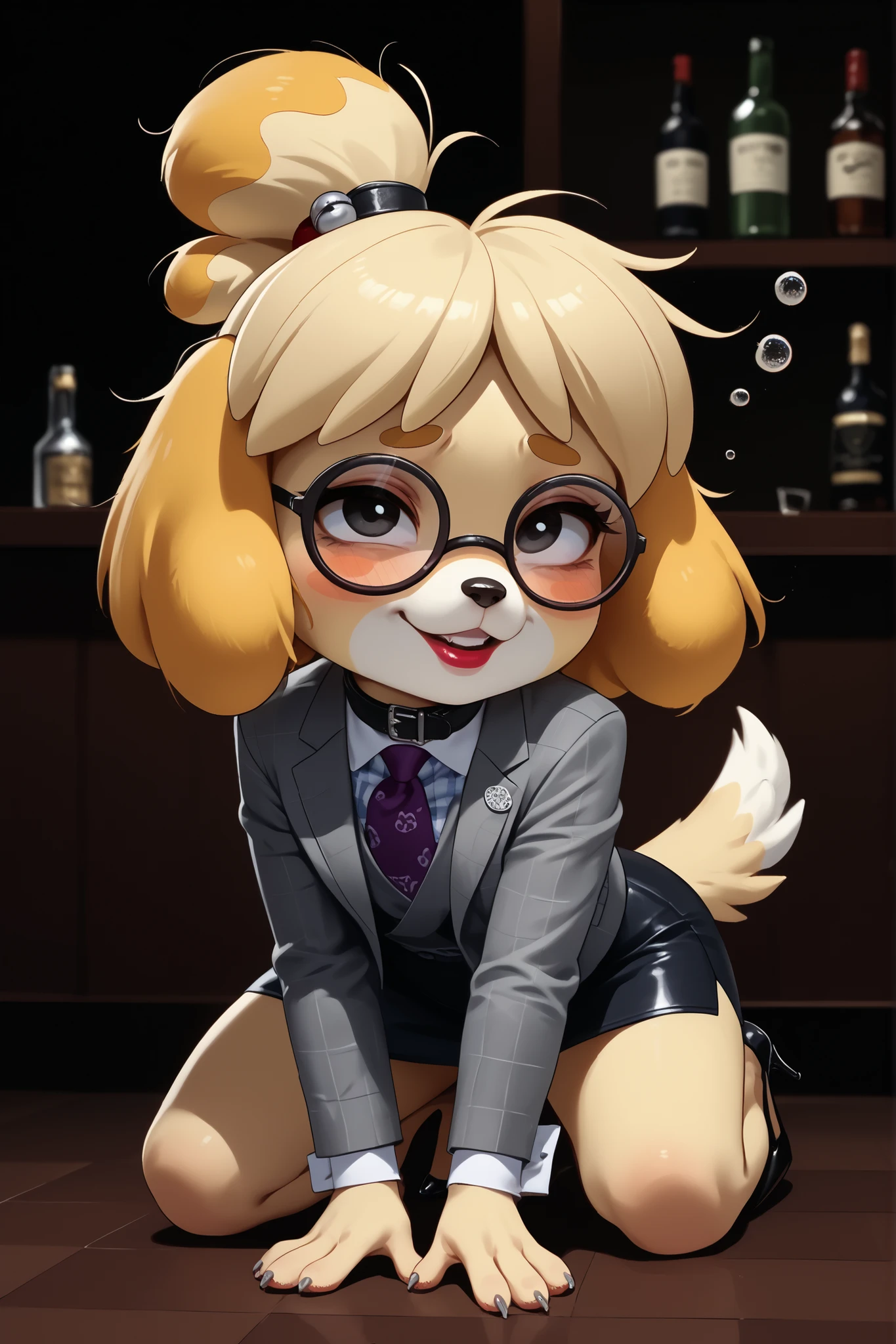 score_9, score_8_up, score_7_up, score_6_up, source_anime, three-piece suit, 1girl, thin-frame round glasses, formal, jewelry, suit, purple necktie, earrings, jacket, (((grey waistcoat))), shirt, (((grey jacket))), striped shirt with white collar, (black leather skirt), makeup, Score_9, score_8_up, score_7_up, high heels, white collar and cuffs
isabelle \(animal crossing\) , cute, source_furry, nightclub, (((drunk))), shortstack, big head, tail, dynamic pose, lipstick, louboutin heels, stilettos, (((stumbling))), inebriated, (messy hair), (((skewed glasses))), off balance, swaying, drunk bubbles, flushed face, yellow fur, suggestive, flirting, ((dog collar)), ((dog leash)), on all fours, wagging tail