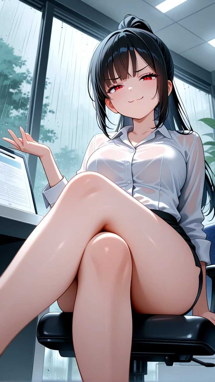 ((table top, highest quality, High resolution, nffsw, perfect pixel, 4K, nffsw, nffsw))), 1 girl, single, alone, beautiful woman、I could see the whole body、(Yor Forger、jet black hair)、 ((short wavy hair, bangs, black hair)), ((red eyes, beautiful eyelashes, realistic eyes)), ((detailed face, blush:1.2)), ((smooth texture:0.75, realistic texture:0.65, realistic:1.1, Anime CG style)), medium breasts, dynamic angle, perfect body, ((white shirt,  unbuttoned shirt、not wearing shoes、white socks)), classroom without people、sit at desk、Lower&#39;I took my foot off the desk........................................................、evening、、、Very embarrassing panic smile、(open both legs、open your knees wide、Floral lace panties)、、(light blue lace bra)、angle from below