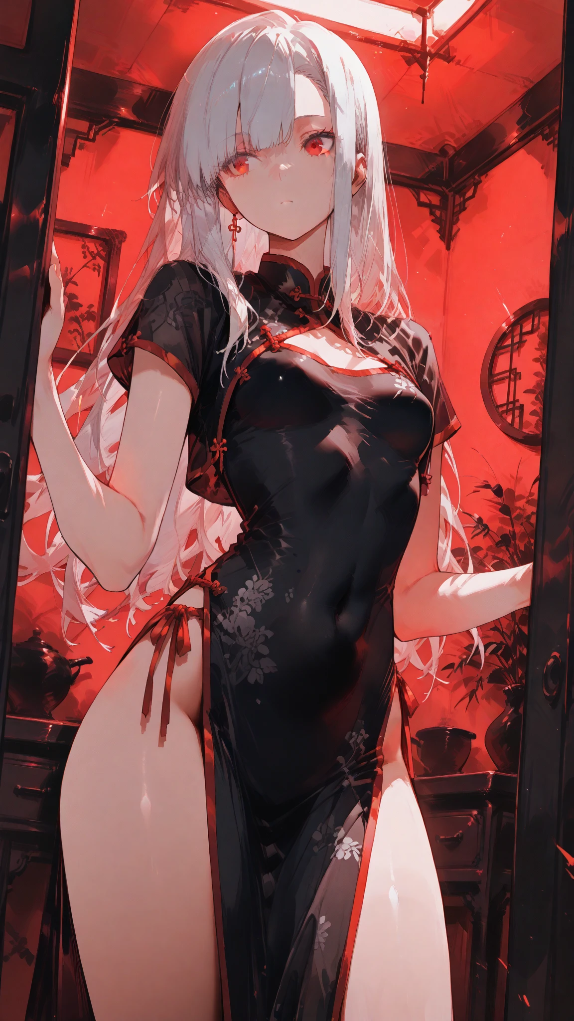 (((professional: Step by step, taking into account even the smallest detail, God-level final result, all intricate details, cowboy shot, solo 1girl view))): "1 fox girl, ruby eyes, fox ears, fox tail, high ponytail, firm breasts, medium breasts, smug, cute, short black china dress, very low-cut, (light clothing very thin and transparent like air), side full body, pelvic curtain, thigh ribbon, (pumps:1), (hugging own leg:1.1), chinese style, indoors, sharp focus, see nude, see vahina, covered body, looking at viewer, (intricate:1.3), red light theme, (orange tone:0.7), illustration, sex angle "