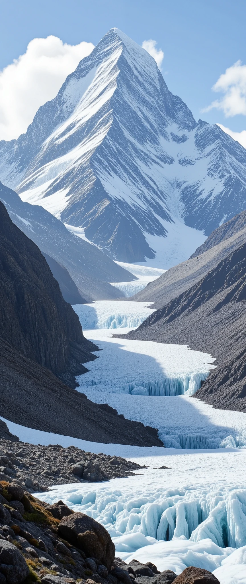 I'm imagining、Mchuchish(Muchu Chhish)and Mount Batula V(Batura V)towering majestically along with glaciers{x}belongs to the Batullah Mustag Mountains in Pakistan's Karakoram Mountains(It rises majestically with an elevation of 7,000 meters)In the mountains of、未登頂In the mountains of、glaciers.。
