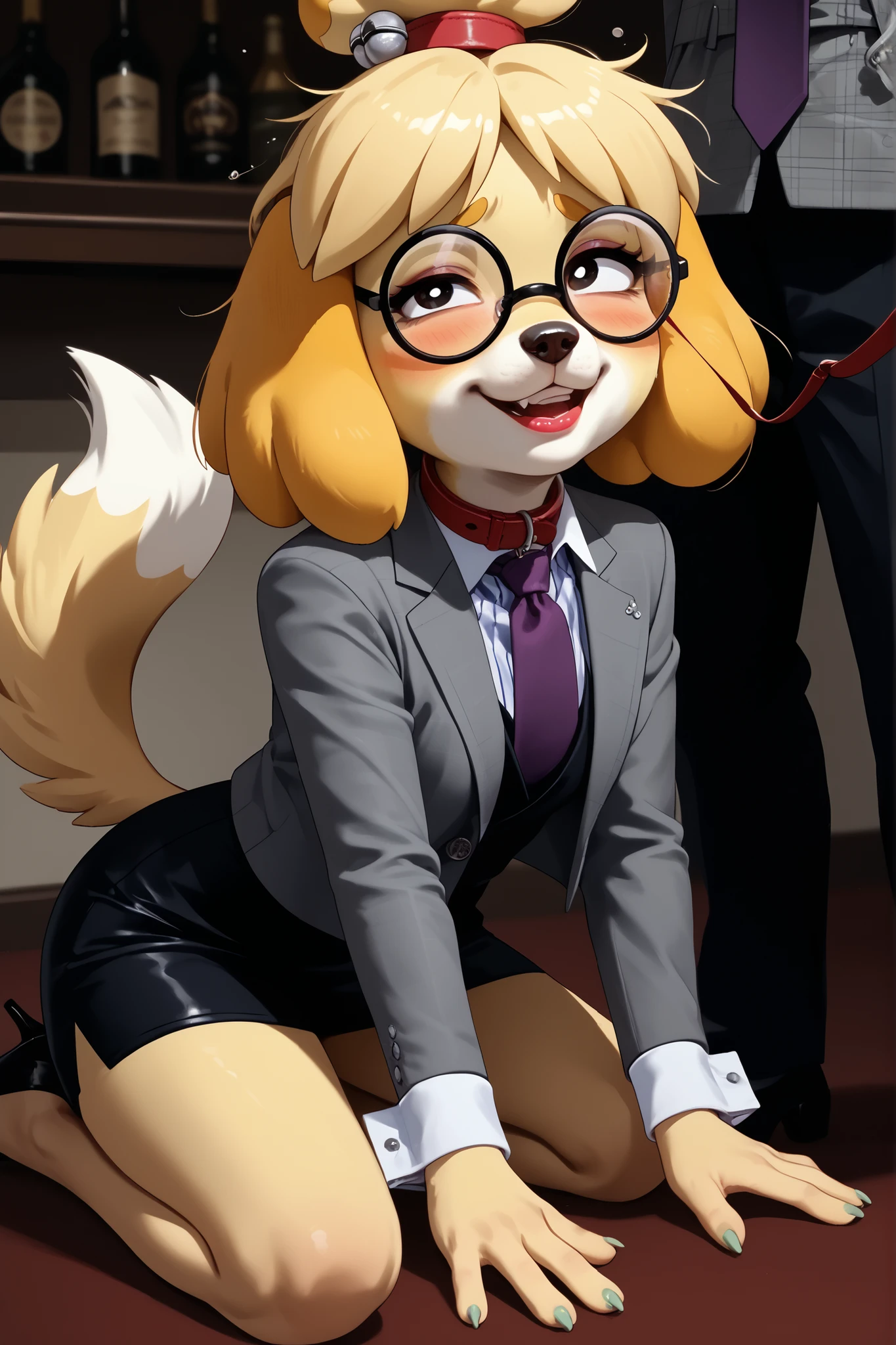 score_9, score_8_up, score_7_up, score_6_up, source_anime, three-piece suit, 1girl, thin-frame round glasses, formal, jewelry, suit, purple necktie, earrings, jacket, (((grey waistcoat))), shirt, (((grey jacket))), striped shirt with white collar, (black leather skirt), makeup, Score_9, score_8_up, score_7_up, high heels, white collar and cuffs
isabelle \(animal crossing\) , cute, source_furry, nightclub, (((drunk))), shortstack, big head, tail, dynamic pose, lipstick, louboutin heels, stilettos, (((stumbling))), inebriated, (messy hair), (((skewed glasses))), off balance, swaying, drunk bubbles, flushed face, yellow fur, suggestive, flirting, ((dog collar)), ((dog leash)), on all fours, wagging tail, hand on head