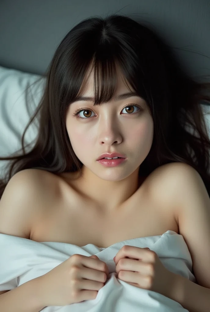 beautiful Japanese woman、At the motel, Naked, lying on the bed, with your hands above your , Thin, Black, Fluffy Underarm Hair, front view, 小さい B-cup , full body, Slightly punchy stomach, , shiny hair, Delicate Features, -like face,climax expression born from  satisfaction、 Sweaty Skin Looking Up at the Ceiling、, no makeup,  the appeal of a sweaty, Fair, Beautiful skin , shiny sweat ,  chubby stomach , Detailed body texture, Nipples Visible on the Bed Back, Realistic  with lots of pubic hair , fearful expression, staring at viewers with a red face, Soft Lips Slightly Opened, photorealistic, shadows from natural ambient light, cinematic atmosphere, very detailed, 8k Resolution, (In the middle of the night:1.2),Urine puddle, Shining Flow of Urine ,(focuses on the face),(perfect body,perfect hands),