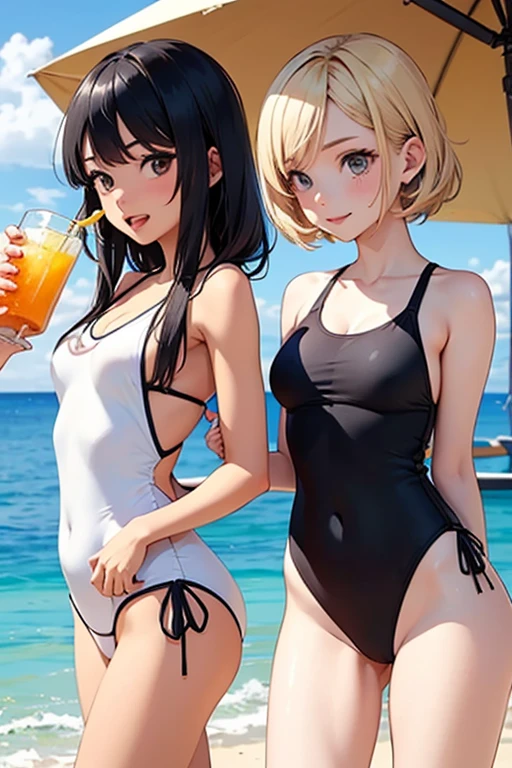 Two girls are cuddling and hugging each other and talking,They are both very cute,intimate lovers,tre anatomically correct,Precise fingers,a navel,Caress each other's bodies,maikurobikini,At the night pool,masterpiece,Best Quality,
