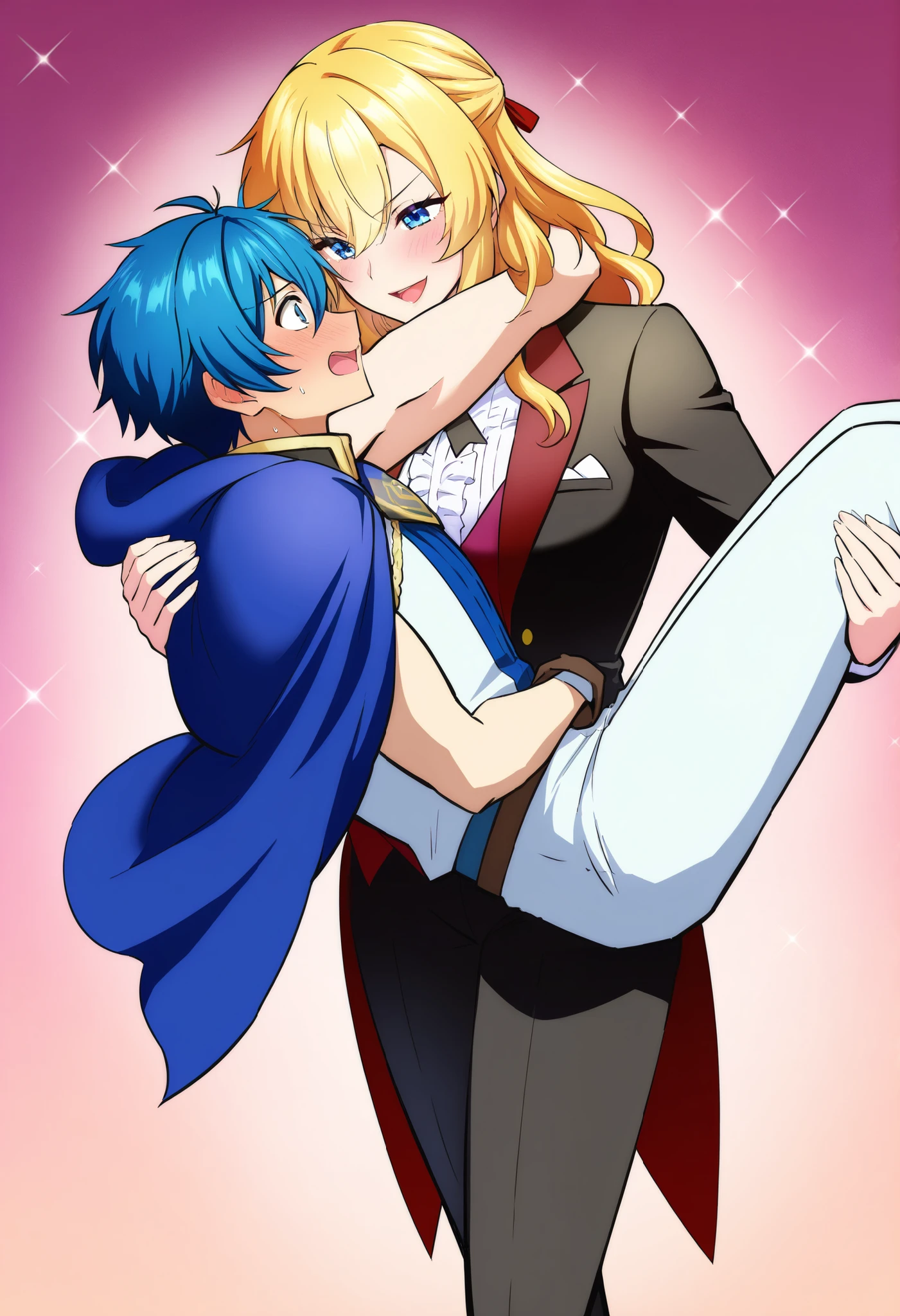 ,1girl, milarity Royal female knight,prince carry,1boy, bridal style, female carrying male, role reversal, gender role swap , assertive female x Submissive male , assertive butler woman 