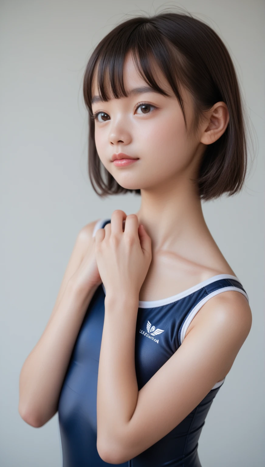 highest quality、Complete limbs、Full Finger、Slender Beauty、Straight hair、Twin tails、Knee-length、Blue school swimsuit、A faint smile、 outside, (Skin dents:1.2),