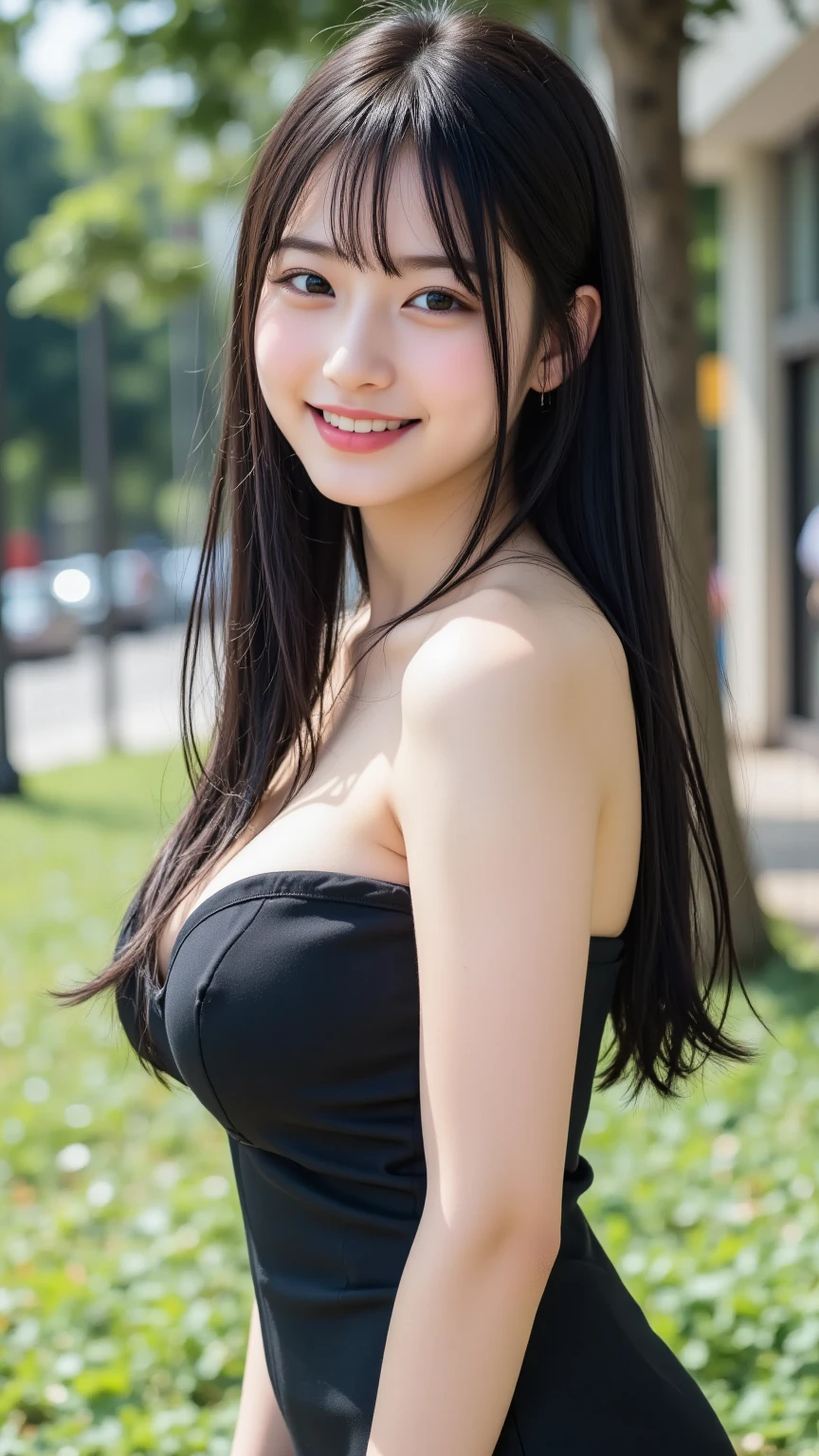 Side Ponytail, Black Hair, Large Breasts, Earrings, smiling, Aperture value F1.2, hair band, Background blur, Portrait Photography, Romanticism, High detail, quality, One person, Gaze, Japanese Idols