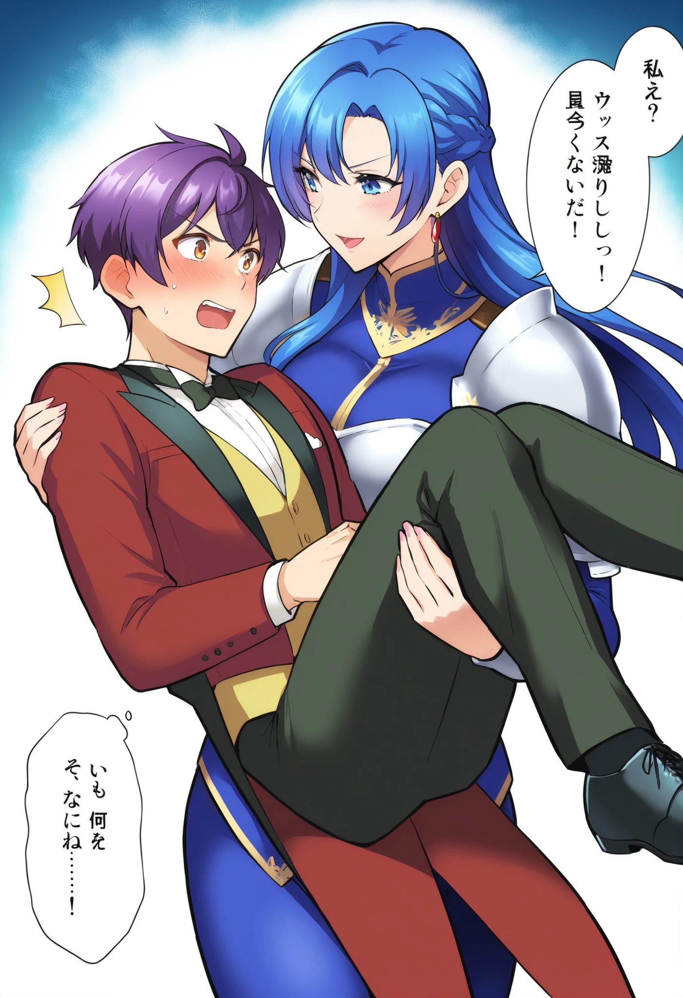 ???(1 boy, 1girl, ??????, lean back, convulsions, nsfw), cure slave(magical girl, blue eye, purple hair, long straight hair, blue side line in dark purple dress, gold vertical line in black coat)