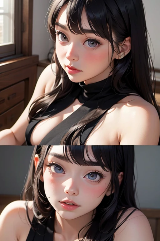 On the bed、Close-up photo of a beautiful naked woman、Black Hair、bangs、Place two images, up and down