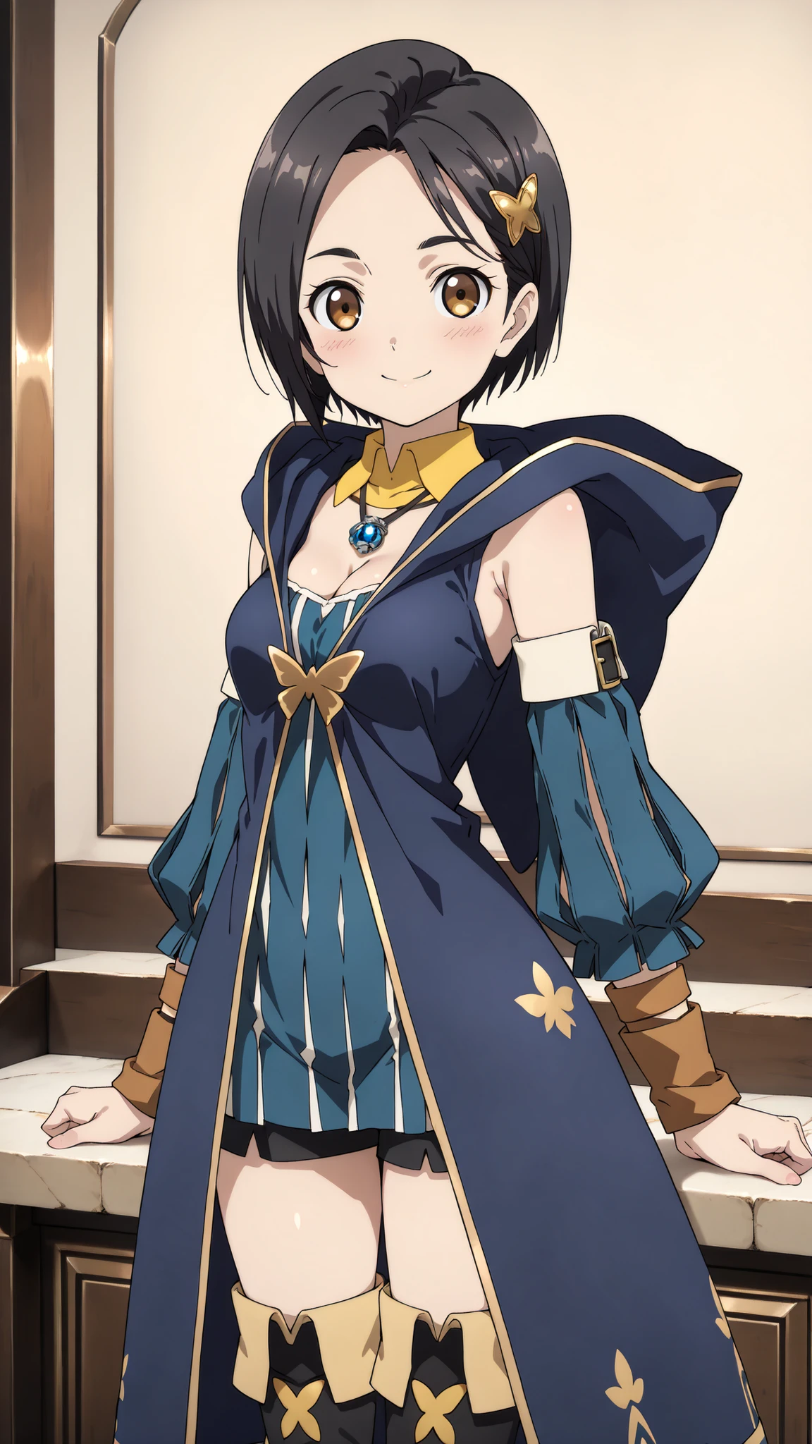 {Highest quality}, {so beautiful}, (anime coloring,flat color,TV anime style,Not details), {Best illustrations},(flat body,very thin,Slim body, young:1.2),solo,1girl,rinwell,black hair, brown eyes, hairpin, parted bangs, short hair, pendant,hood down, sleeveless jacket, detached sleeves, puffy shorts, blue cloak, blue dress, black footwear, zettai ryouiki, thighhighs,(Medium breasts, cleavage),(blush,smile,look at viewer),standing,face focus,cowboy shot,Turning around,the medieval townscape,