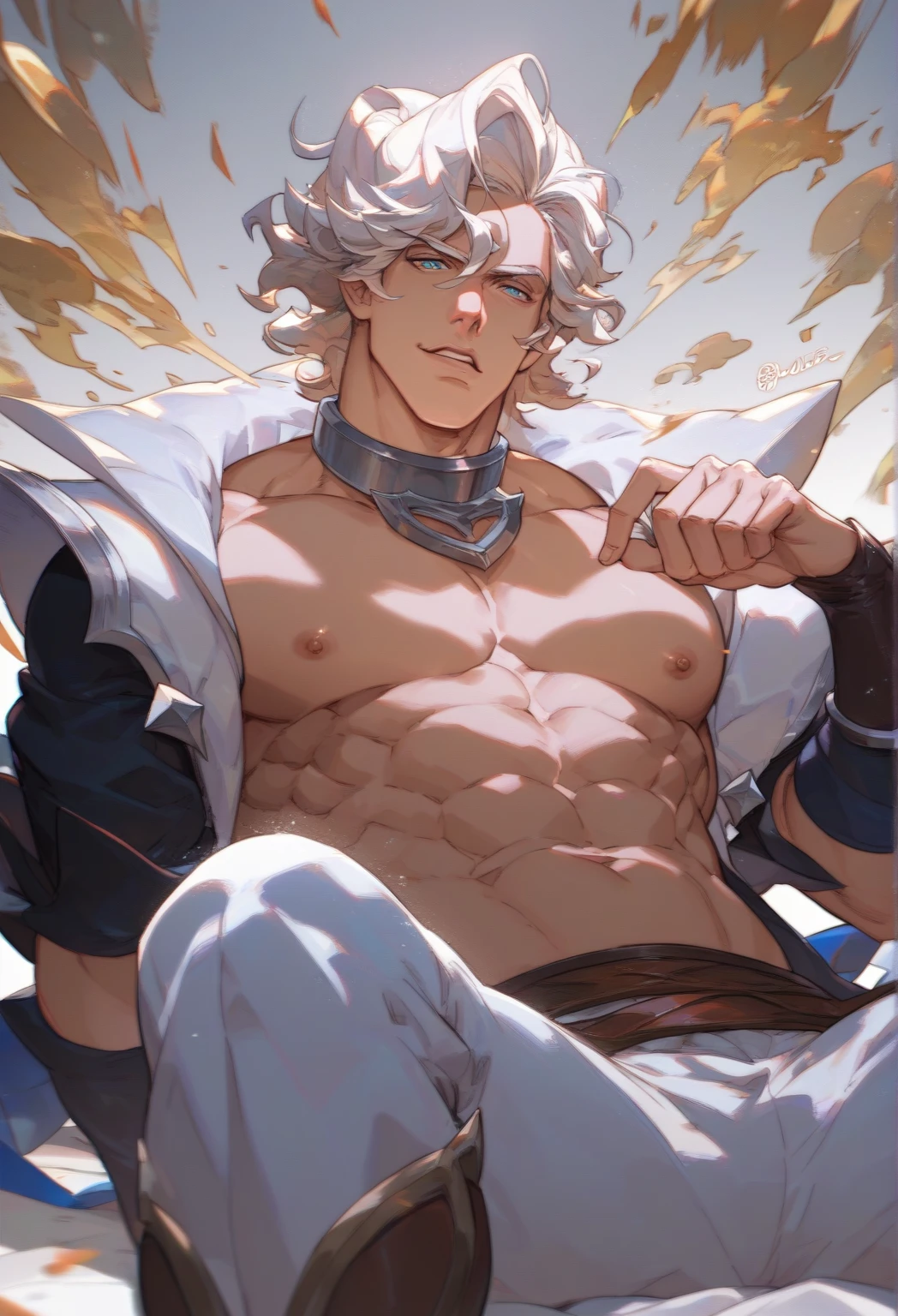 Boy, sixpack, commander style, short hair, perfect face, silver hair