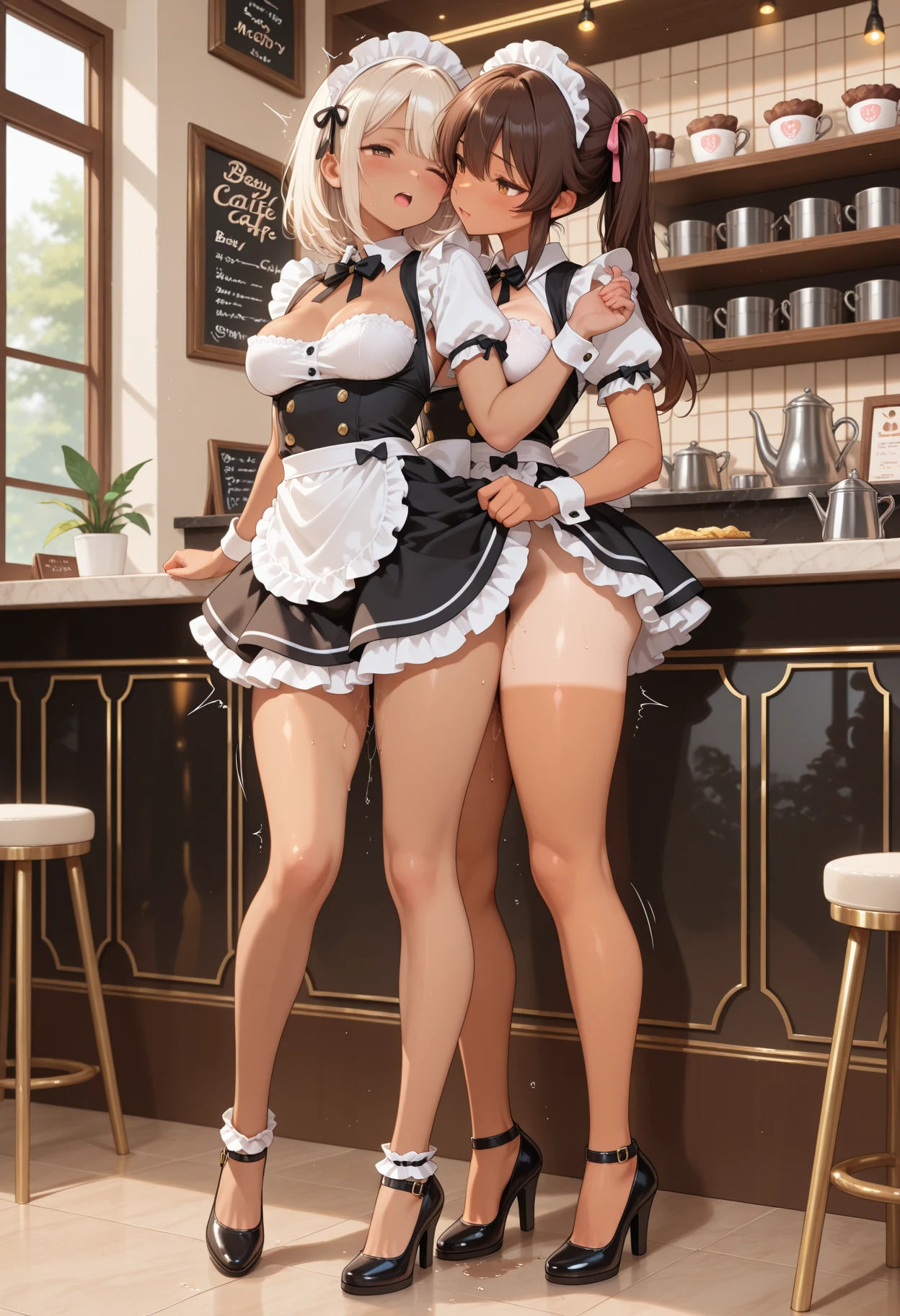 full body standing straight symmetrical, lustful smirking smile face red blush red cheeks, looking at viewer, holding tray, braid, maid headdress, maid, dress, apron, long sleeves, brown pantyhose, long leather militar boots, thighs, long white hair, masterpiece