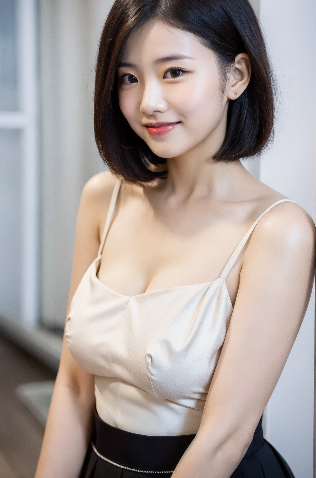 ​masterpiece, film grains, From  above, Upper body photo of a girl wearing white sheer fabric(Short Sports Bra), 独奏, ((hard )), absurderes, realisitic(faces, full bodyesbian, The skin, high-detail skin, Skin pores), (kawaii:1.35), Cuties, fine black eyes, Innocent eyes, teak, a black choker, 耳Nipple Ring, shorth hair, (Messy bob hair), Large breasts、nip, Very short black hot pants、shiny pink lips、write、looking at the viewers、Open your lips、Upper teeth、(smile eyes:0.375)、((Grinning:1.125))、depth of fields、outside of house、Movie Light、blurry backround、eyes focus、bokeh dof、profetional lighting、portlate、photon maping、Radio City、physically-based renderingt、Soft light、(NSFW:1.1)、fully body photo