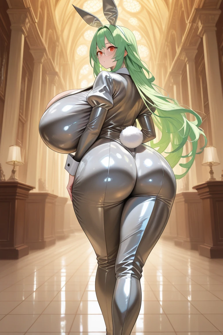 High resolution, Code Geass, C.C, 1girl, (((bimbo))), long green hair, yellow eyes, ear rings, puffy lips, painted lips, thick lips, wide hips, thick thighs, small round breast, huge ass, revealing cleavage, erotic, sexy face, bubble butt, Brazilian butt lift, white suit, looking back, ass posing, full body, high heels,