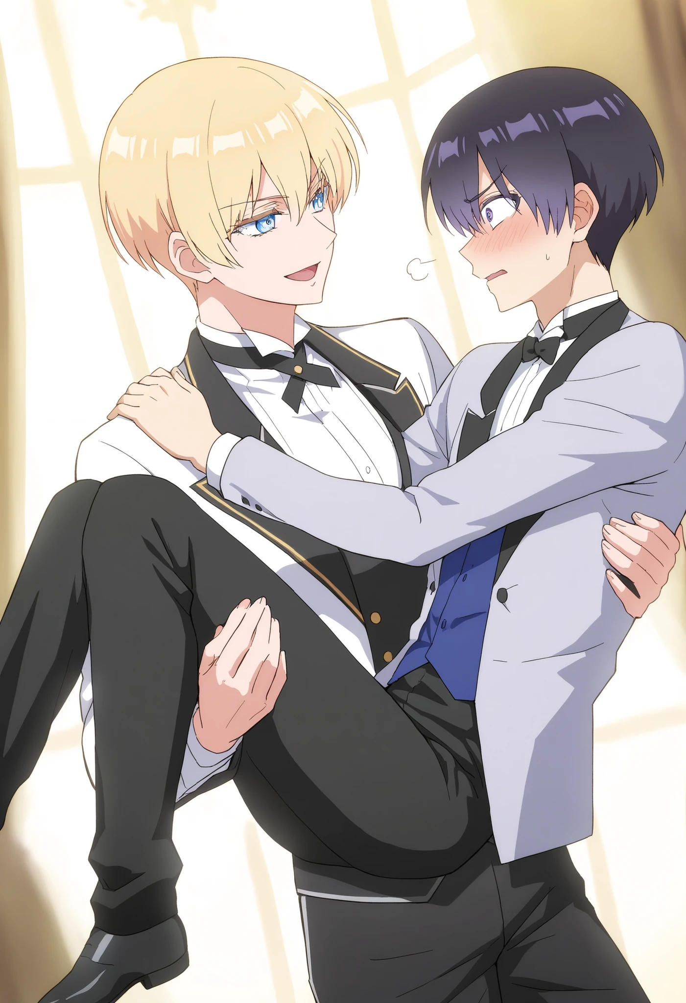 score_9, score_8_wonderful, score_7_wonderful, sauce_anime ,The Ice Sword Magician rules the world , Ray White,Male Focus,Black Hair,Part 1:  , Only one male,Black trousers,toilet,tuxedo,Red tie,penis,Wear a collar with a lead,View your viewers