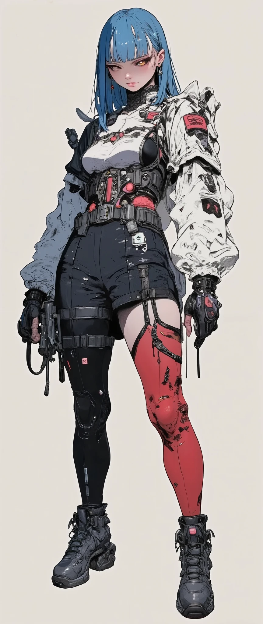 masterpiece, latest, very aesthetic, A very beautiful 28 year old adult woman, sexy body, mixed race oriental, oriental features, straight hair with two side bangs on the face, cyberpunk style, blue hair and medium length, she is wearing post-apocalyptic cyberpunk style clothes, black clothes with red details, "Assassins Creed" style, she has military accessories on her legs, couldres, with some futuristic accessories, steampunk clothes, dark fantasy clothes, [[she is wearing combat boots]], she has BLUE hair, with anime features similar to the anime 'Vampire Hunter D Bloodlust', , rossdraws 2.0, rossdraws 1.0, high quality image, adult style anime, reminiscent of 90's anime. 3 tones, 90's anime colors, defined and striking features, serious look, high resolution, 3 color tones, cell tone, high contrast, no gradient, FRONT VIEW [[[ SHE IS FRONT]]] , [[Full body]] [[Image showing her entire body from head to toe]] [[Full body]]] , masterpiece, high resolution, anatomically correct, high quality, anime style drawing 'Fatal Fury', anime style drawing 'blade&soul'. anime lines, rendered in the style of the anime 'Vampire hunter D' [[White background]] [[The image is a character presentation, it shows her from the front and also from the side in the same image]]
