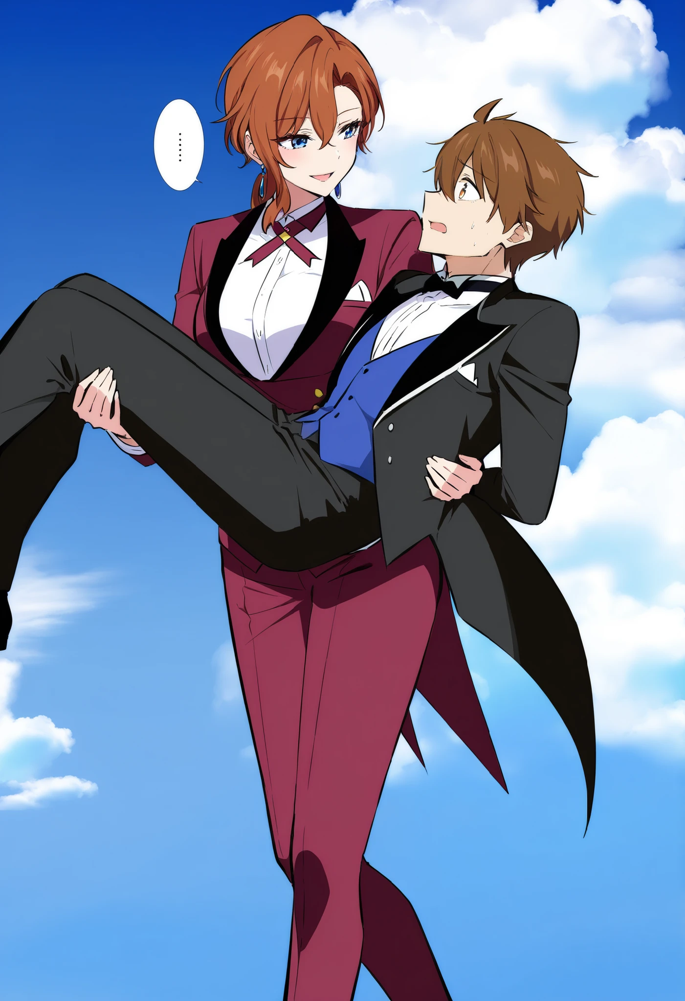 ,1girl, tuxedo tailcoat female outfit,prince carry,1boy, bridal style, female carrying male, role reversal, gender role swap , assertive female x Submissive male unconscious, assertive butler woman 